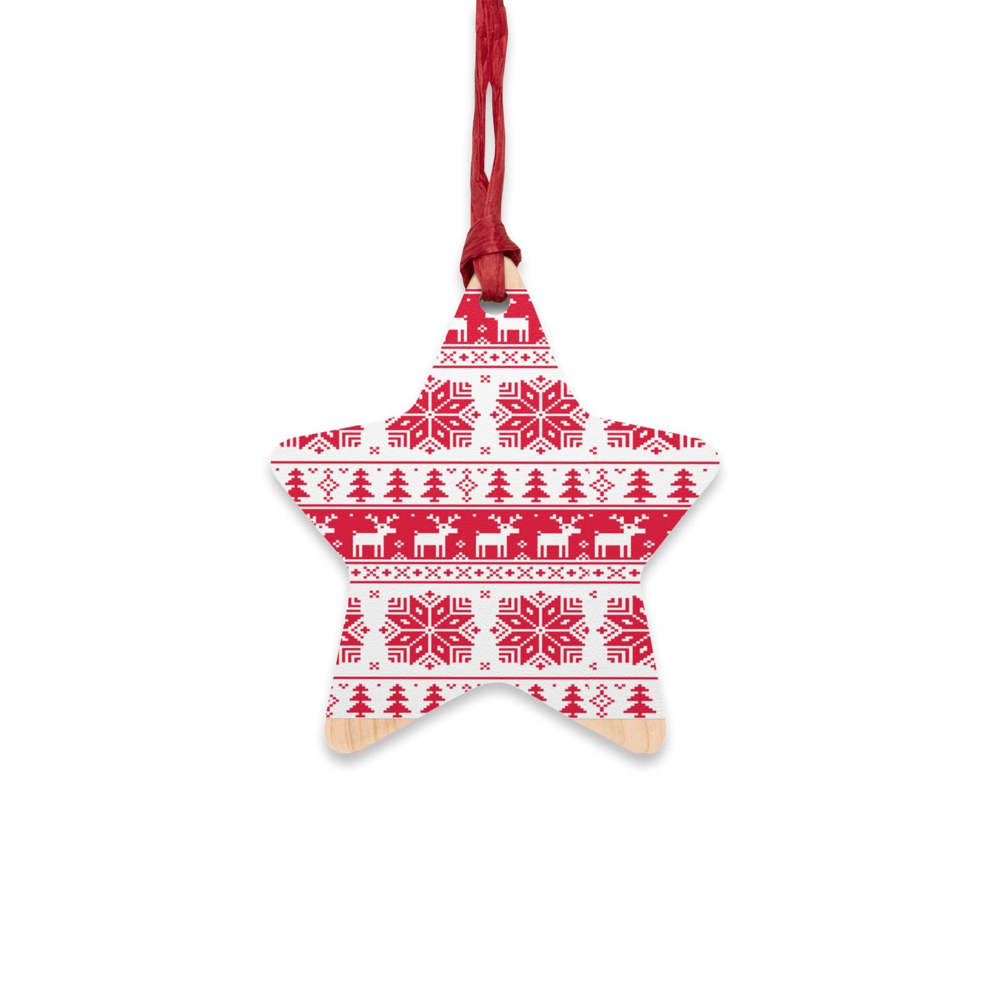 Nordic Bell-Shaped Wooden Ornament – Red & White Reindeer Pattern – Magnetic Holiday Decor with Ribbon