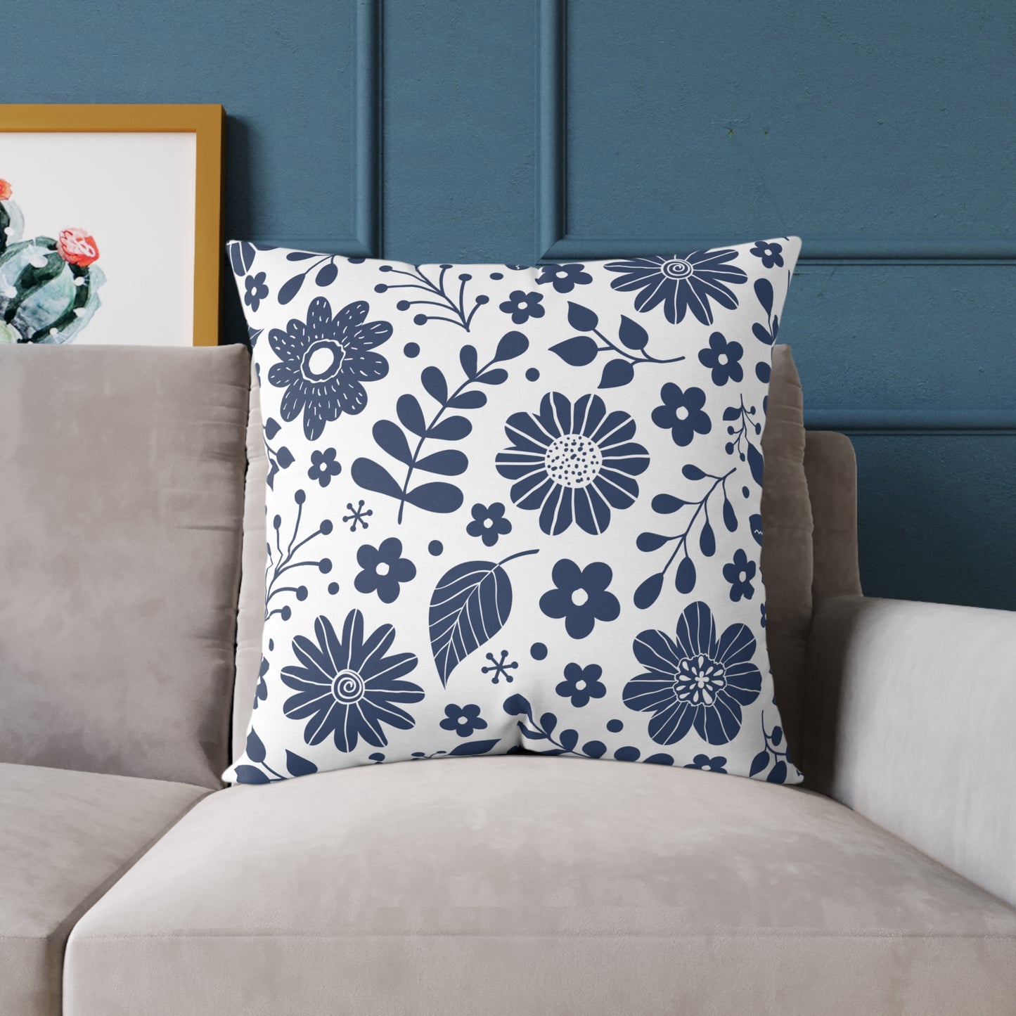 Blue Floral Throw Pillow – Minimalist Botanical Cushion