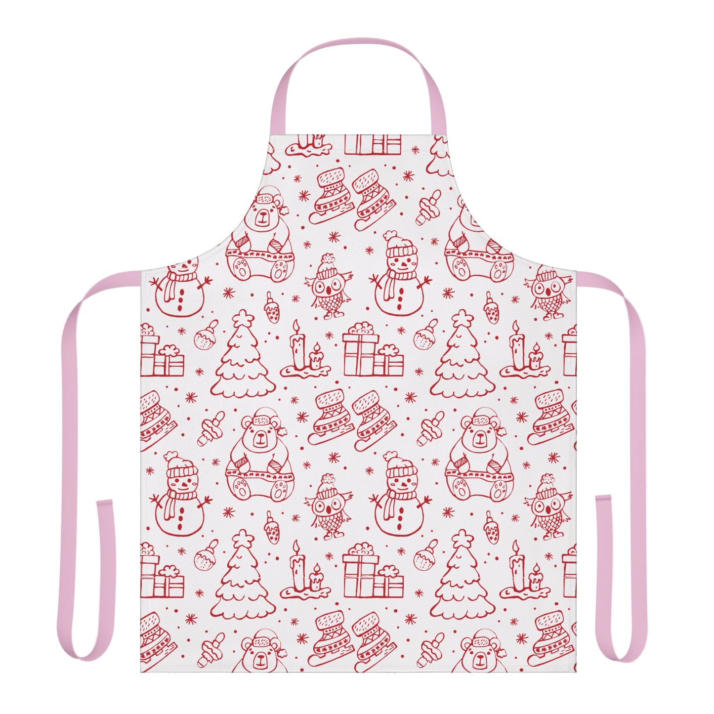Festive Christmas Apron with Red Holiday Illustrations and Adjustable Straps