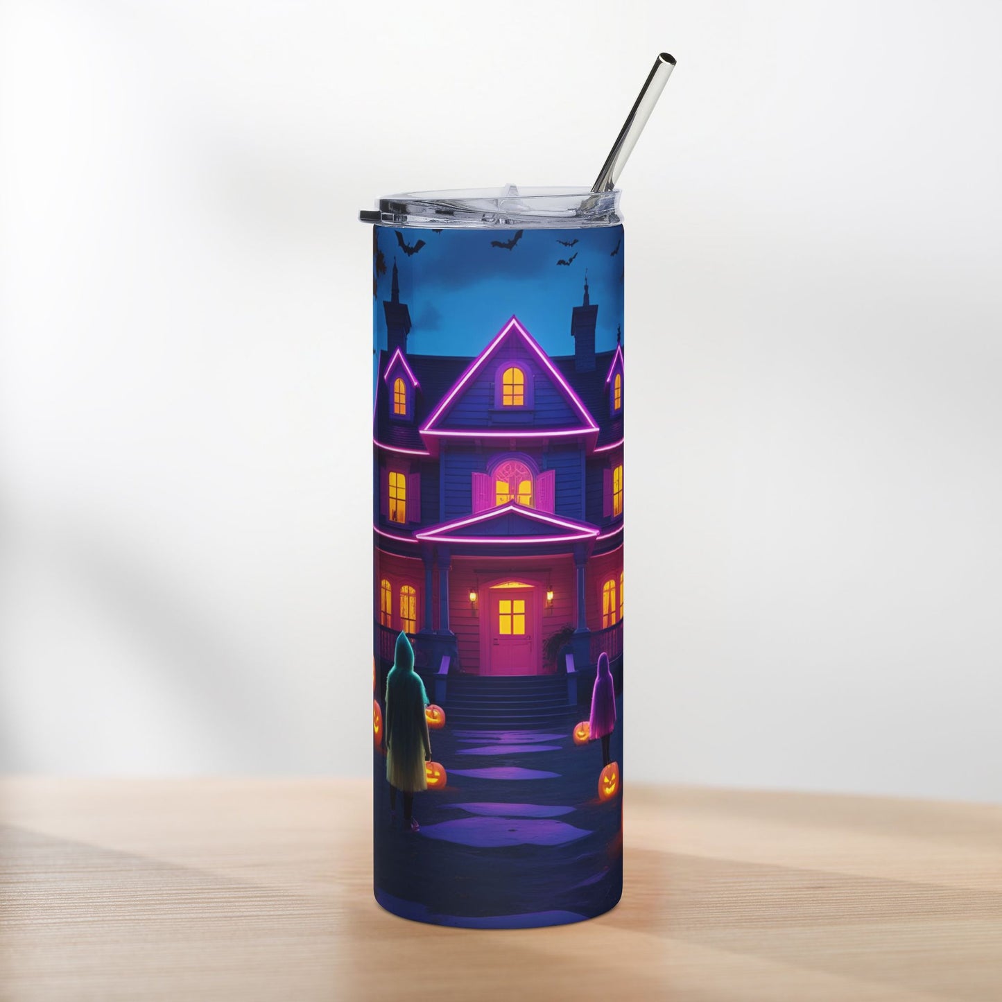 Neon Haunted House Halloween Tumbler – Glowing Windows & Pumpkin Parade
