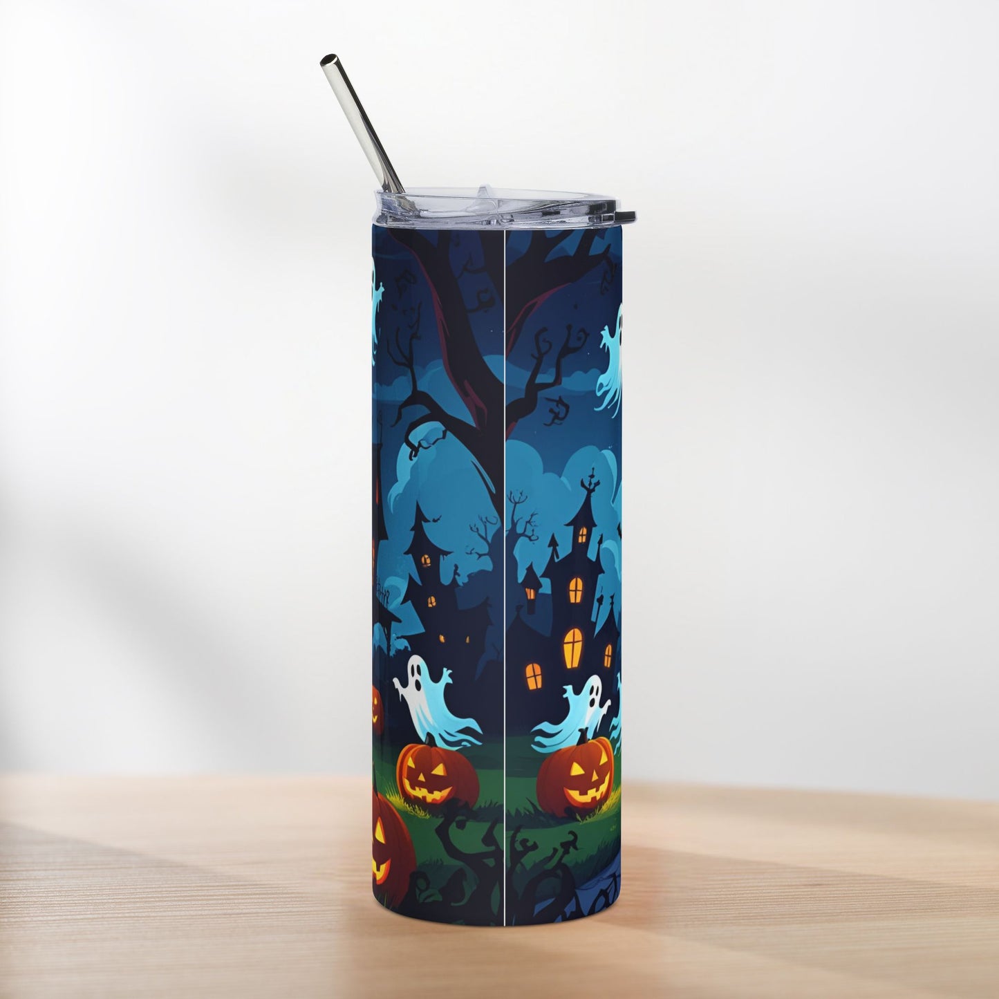 Haunted House Halloween Tumbler with Straw – Spooky Night Design
