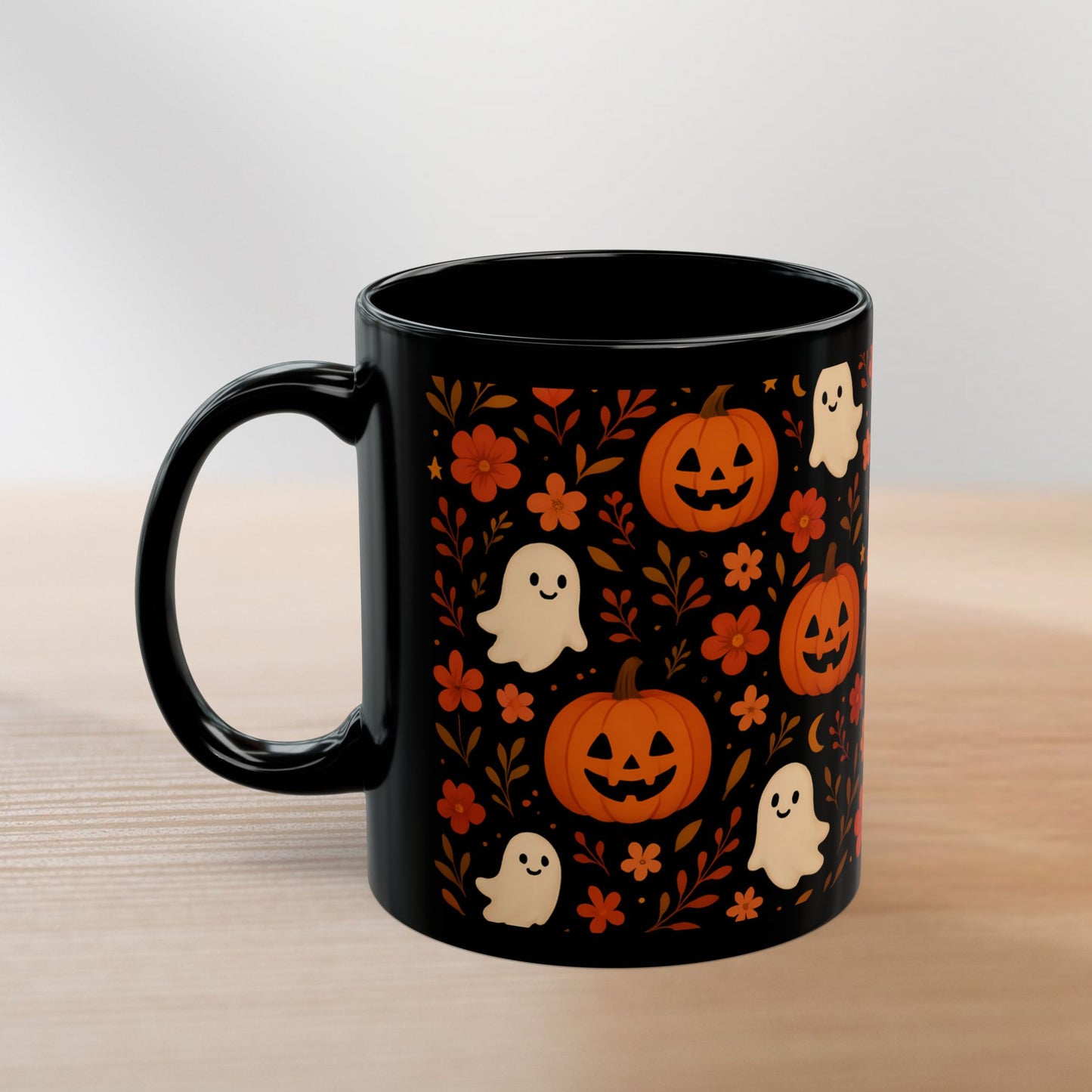 Cute Ghosts Halloween Coffee Mug – Black Ceramic Cup with Festive Design