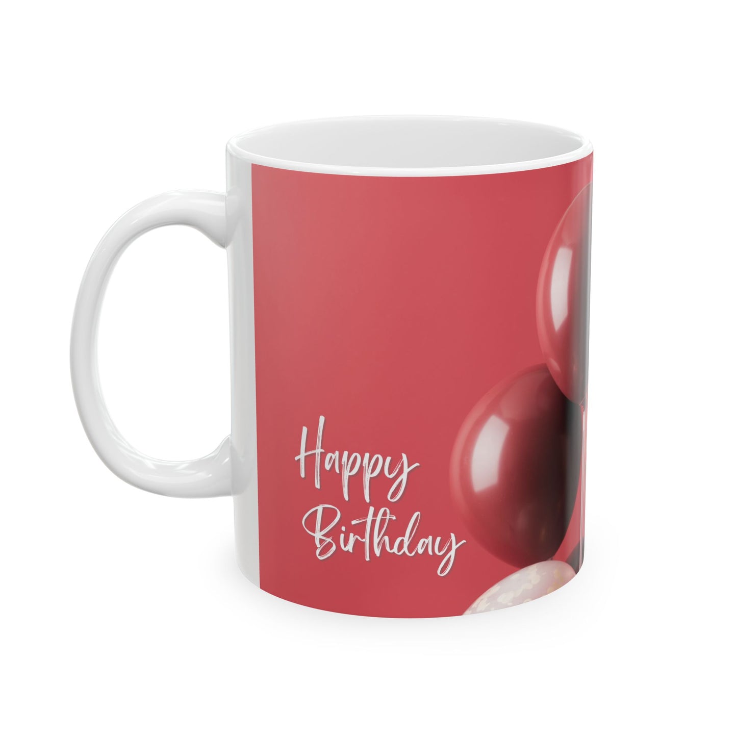Happy Birthday Mug – Red Ceramic Coffee Cup with Balloon Print & White Script