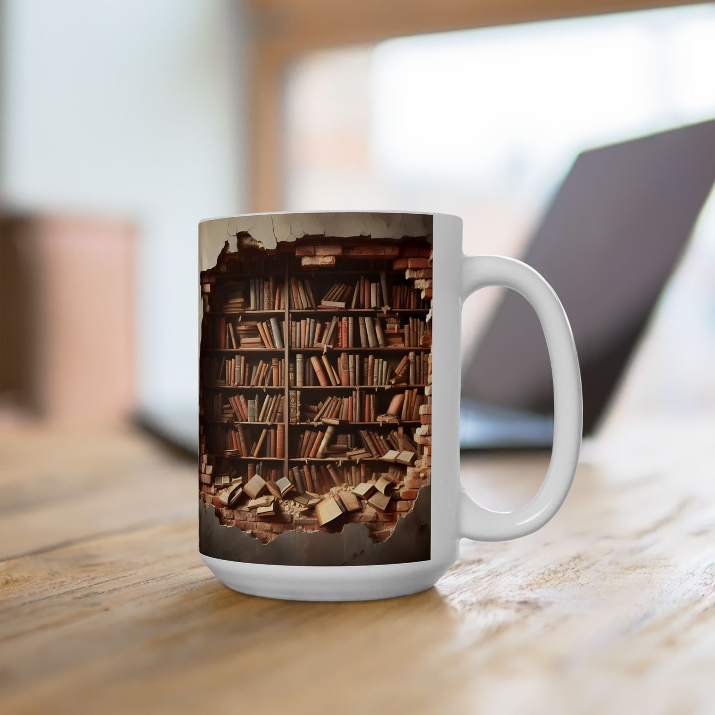 3D Bookshelf Illusion Mug – Unique Library Wall Break Design