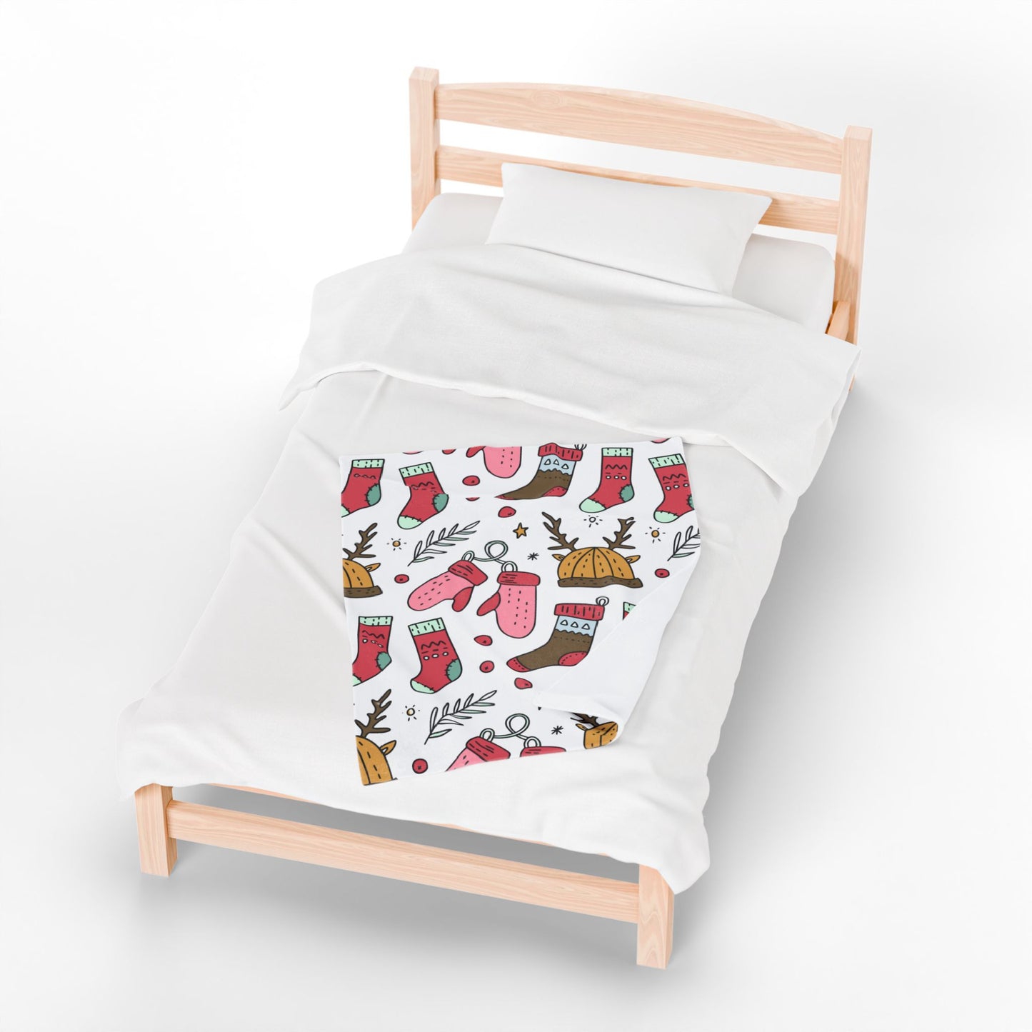 Holiday Print Velveteen Plush Blanket – Reindeer, Mittens & Stockings Design