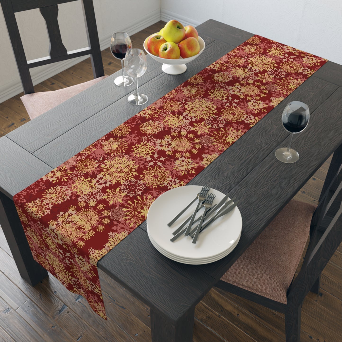 Maroon Floral Table Runner – Elegant Gold & Pink Flower Pattern Decor