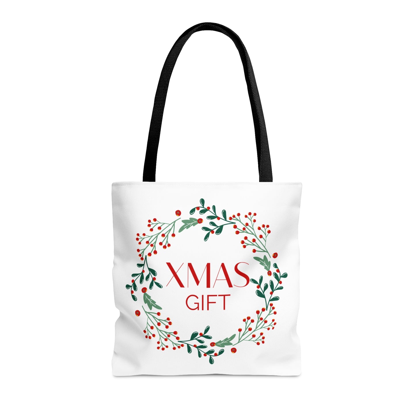 Christmas Tote Bag with “XMAS GIFT” Wreath Design – Durable All-Over Print Holiday Carryall in 3 Sizes