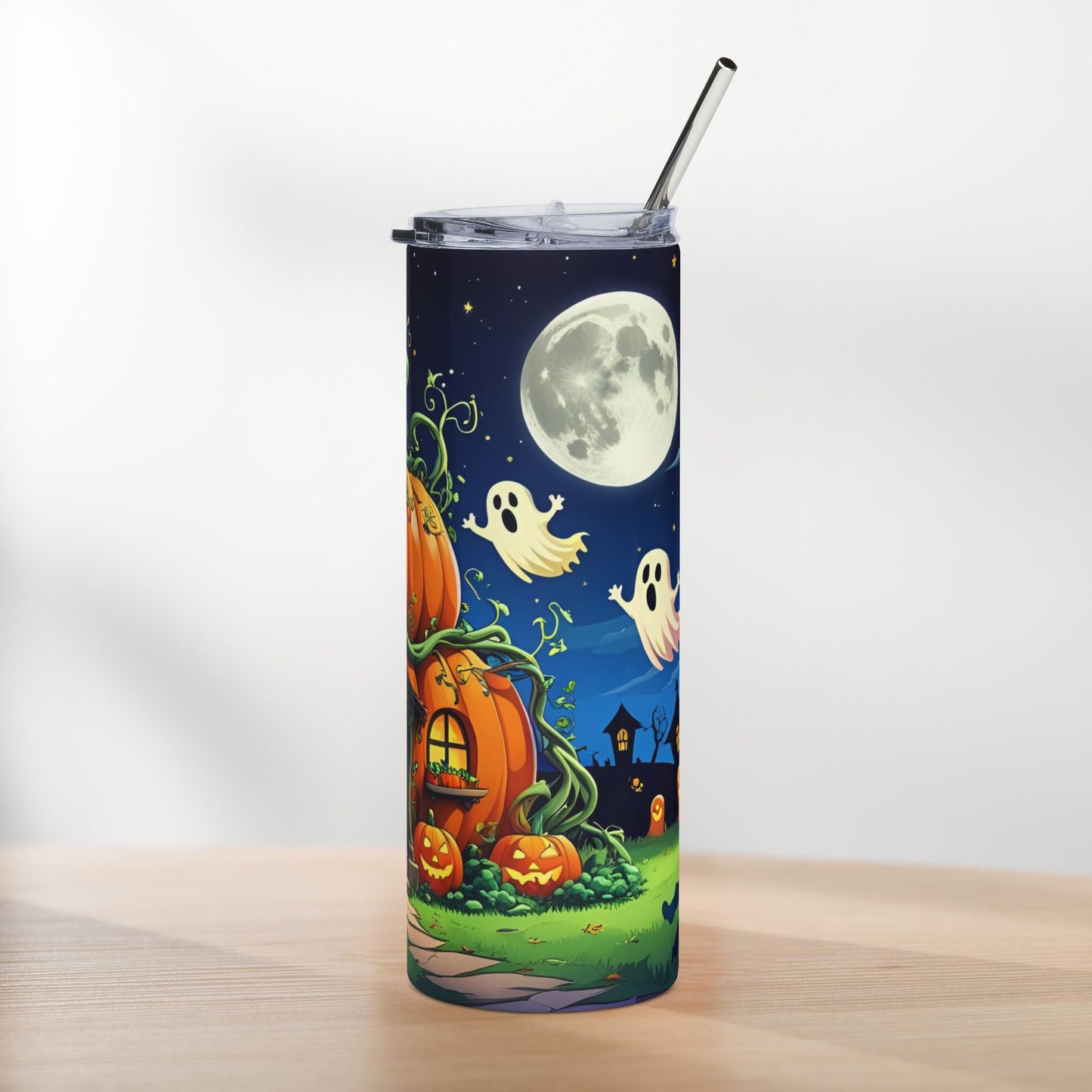 Pumpkin House Halloween Tumbler – Whimsical Night Garden Design