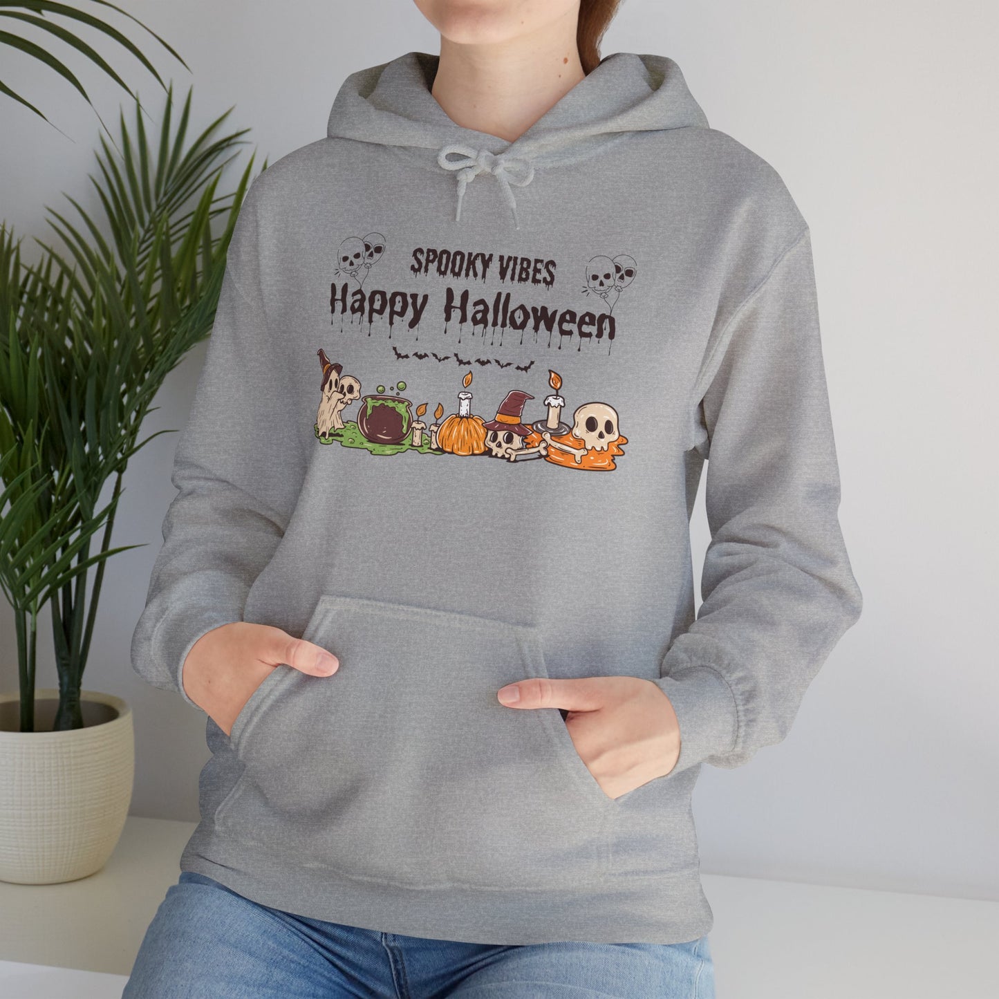Spooky Vibes” Halloween Hoodie – Ghosts, Cauldrons & Cozy Curses