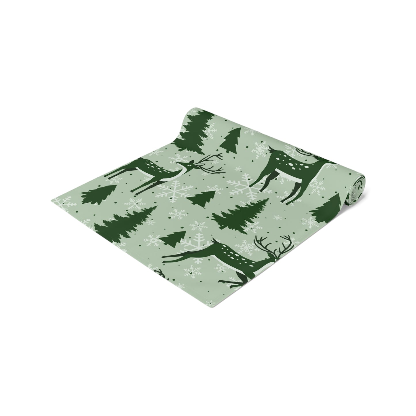 Reindeer & Evergreen Table Runner – Festive Green Winter Holiday Decor