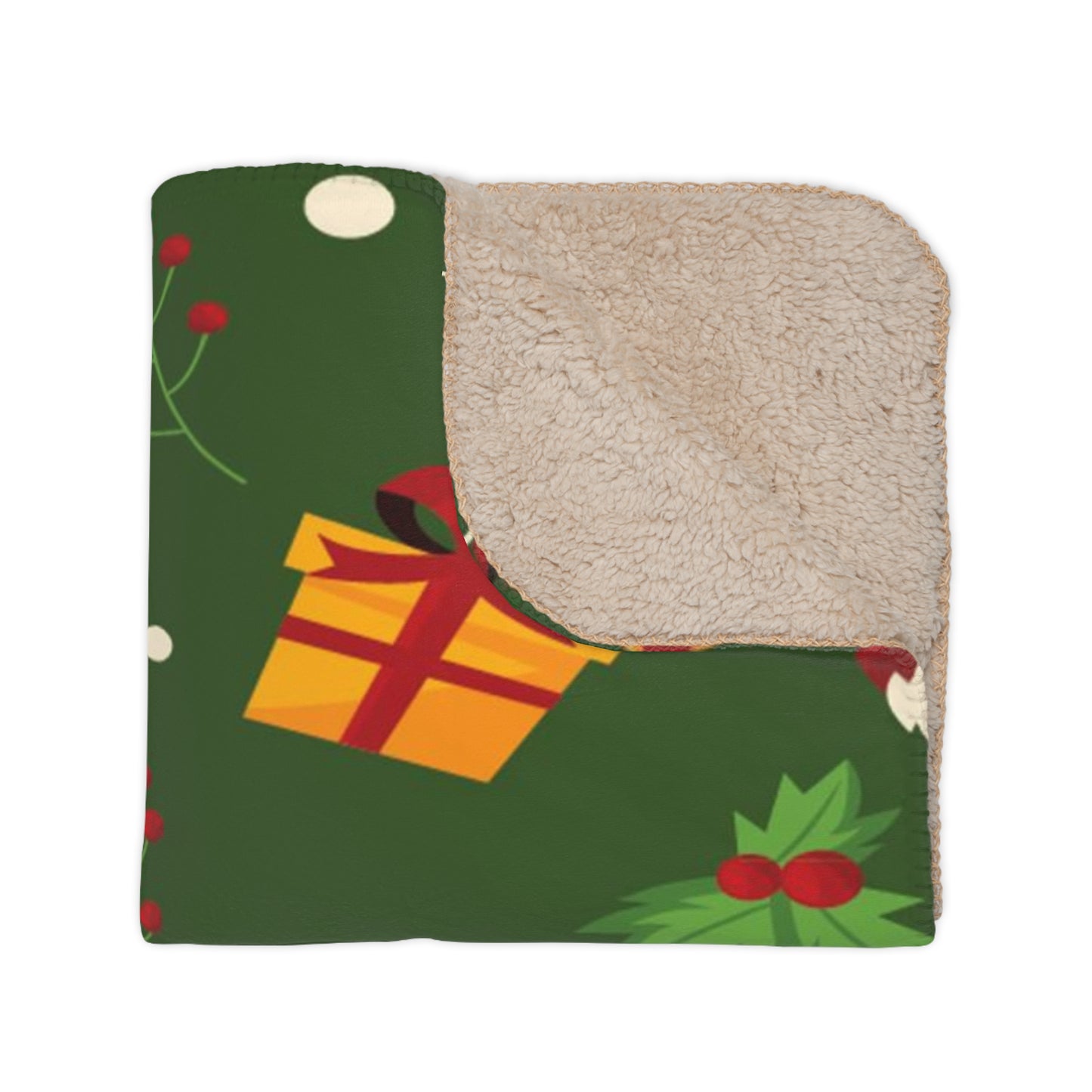 Christmas Tan Sherpa Blanket, Dark Green