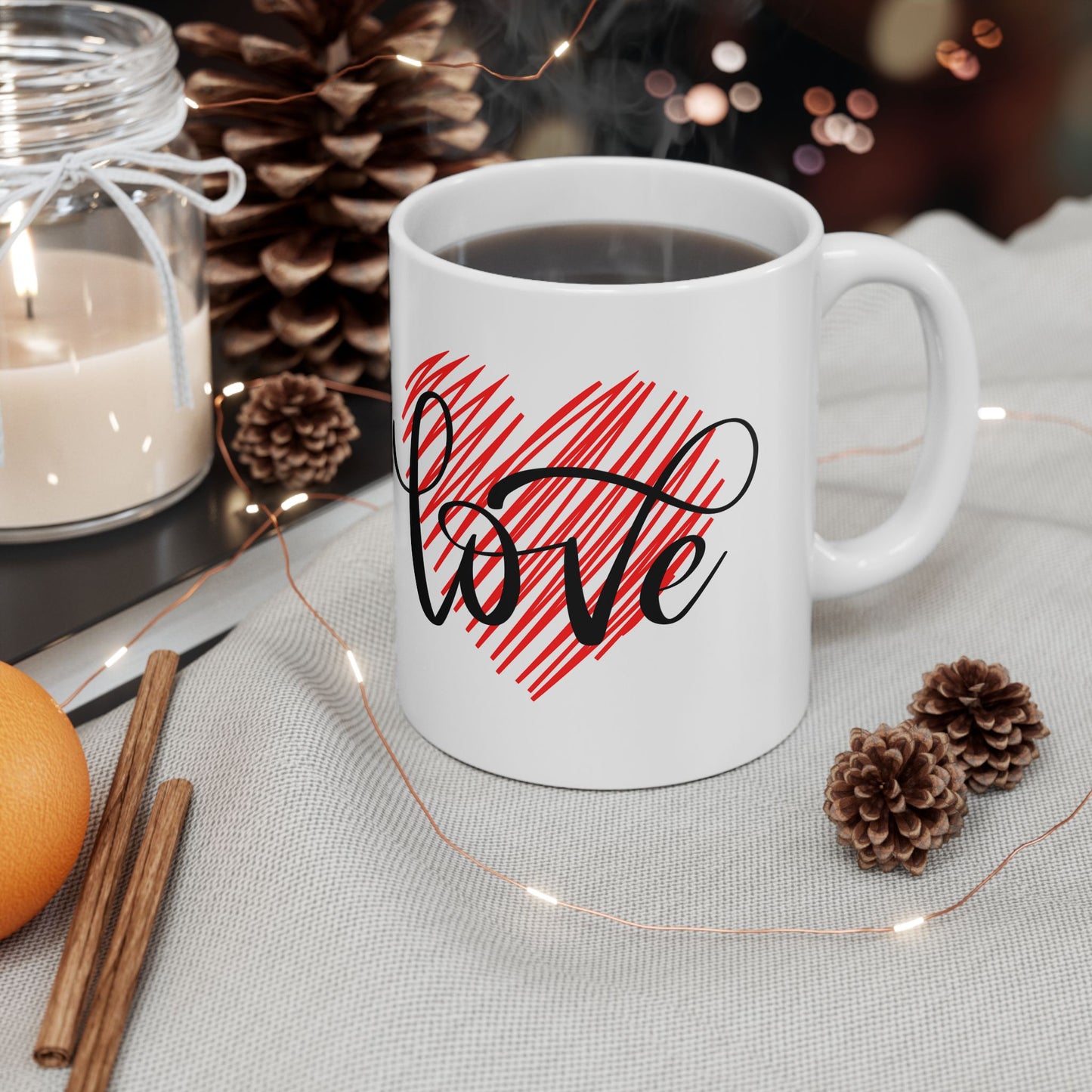 Ceramic Coffee Mug with Heart and Love Script Design, 11oz