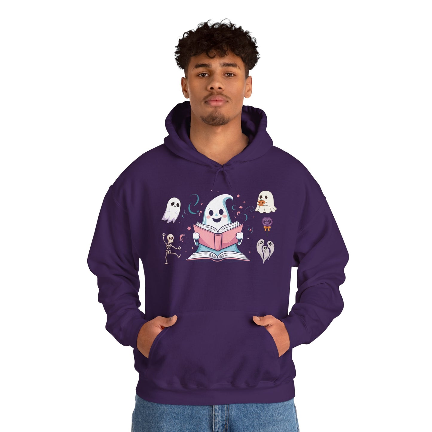 Cute Ghost Reading Hoodie – Whimsical Halloween Sweatshirt for Book Lovers