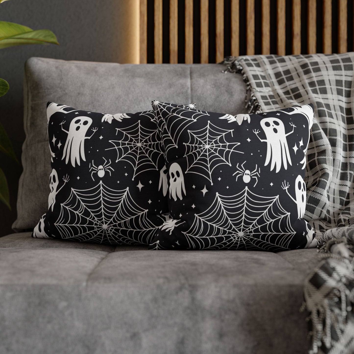 Spooky Halloween Ghost Pillow Cover – Black Throw Pillow with Spiderwebs & Cute Ghosts – Haunted House Decor for Halloween Couch or Bed