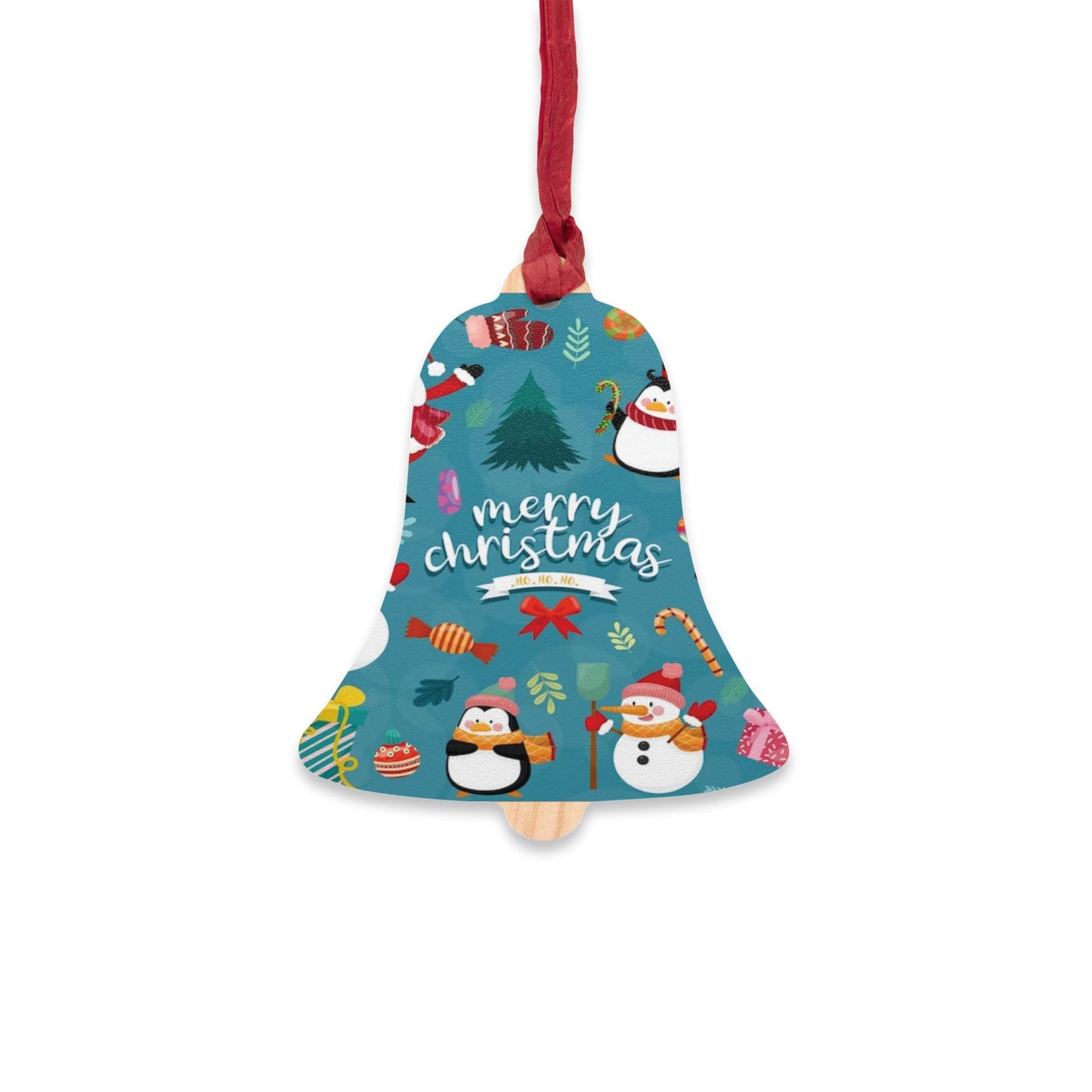 Wooden Ornament – Blue Christmas Stocking with Santa, Snowman & Penguin – Magnetic Holiday Decor with Ribbon