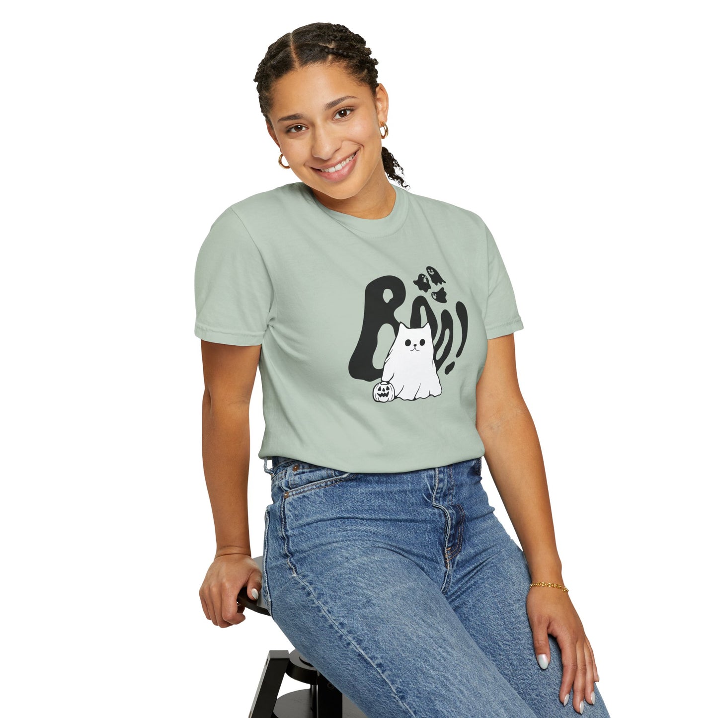 BOO Ghost Cat T-shirt– Pumpkin Purrfection for Halloween