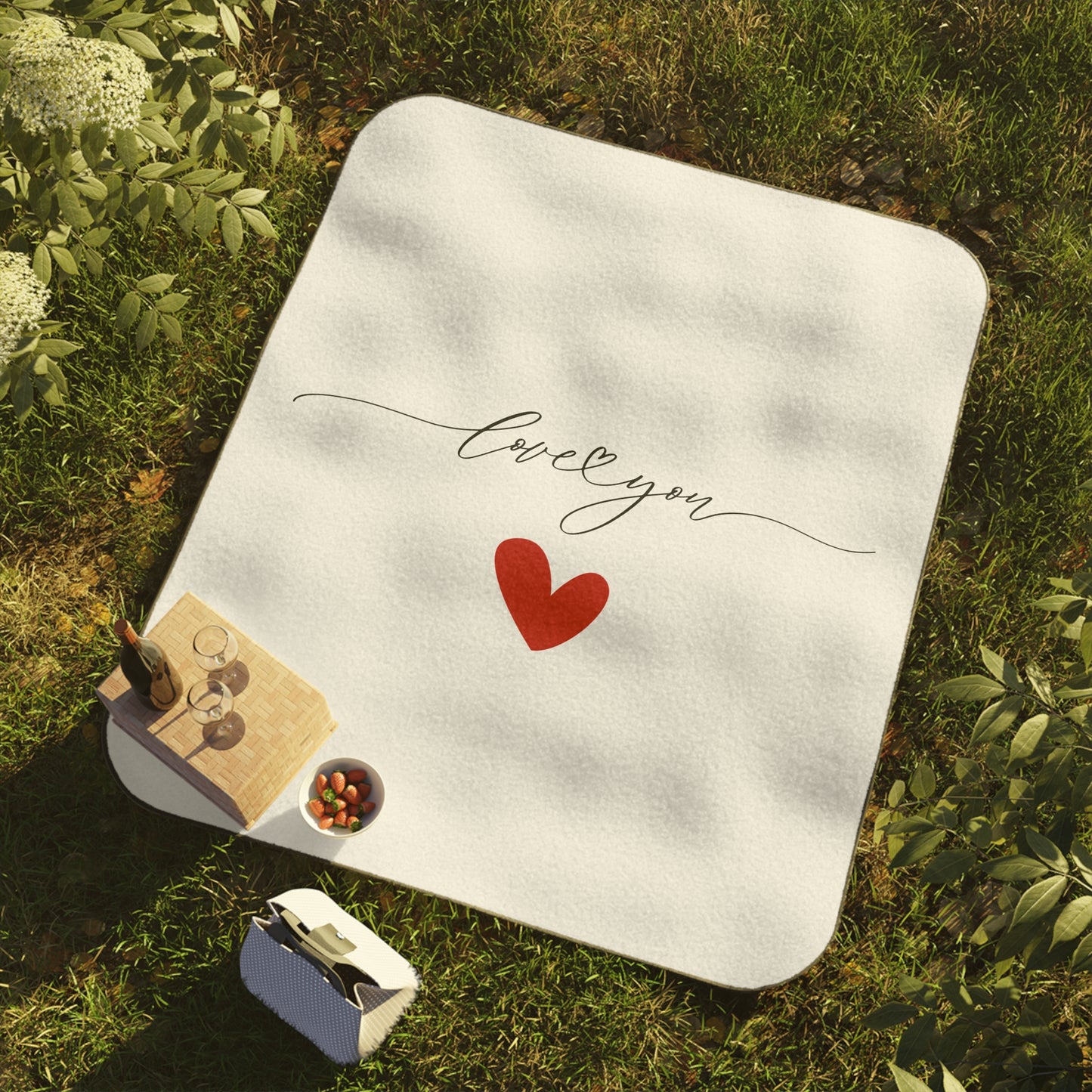 Love You Singnature with Heart Printed Picnic Blanket for Valentine Gift