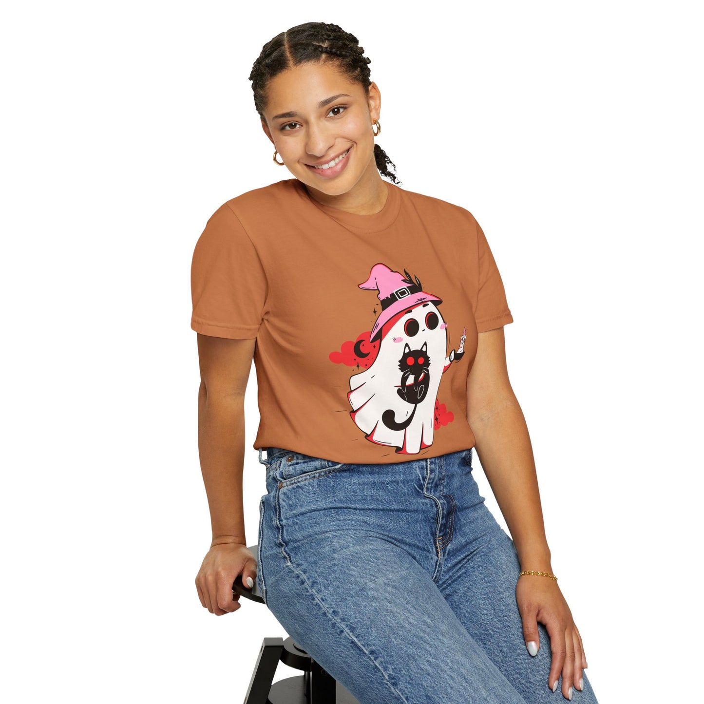 Ghostly Glam T-Shirt - Witchy Whimsy with Cat Companion