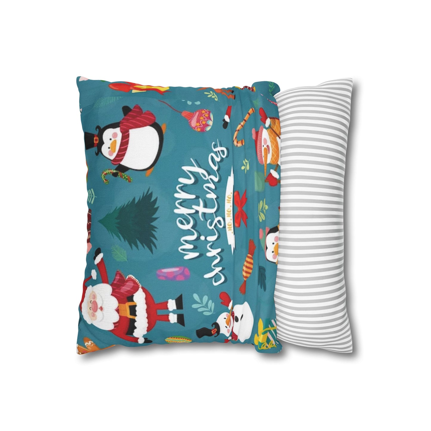 Indoor Pillowcase – Blue Christmas Design with Santa, Snowmen & Penguins – Festive Holiday Decor Accent
