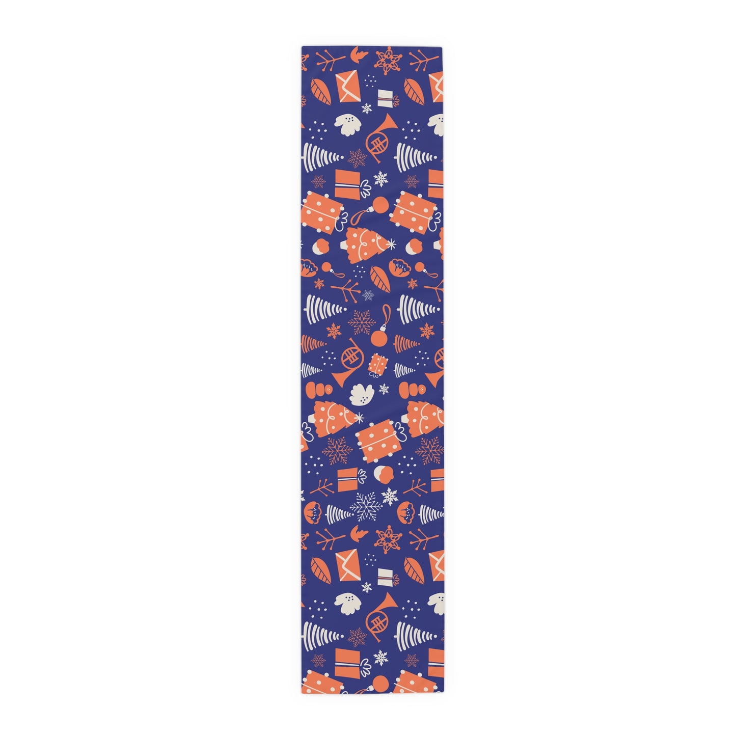 Christmas Table Runner, Navy Blue Background with Orange and White Trees Gifts and Snowflakes, Festive Holiday Dining Decor