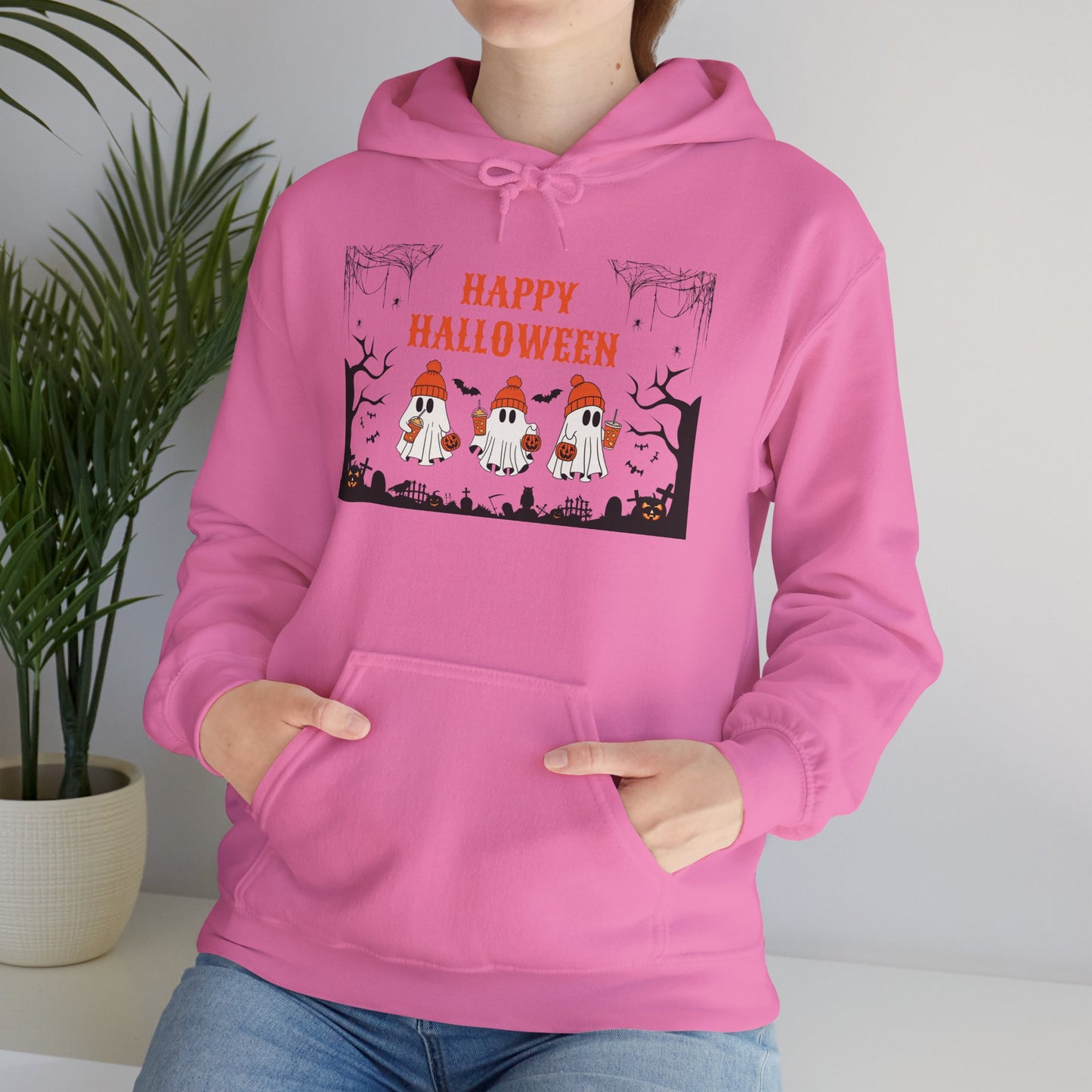 Happy Halloween” Ghost Hoodie – Pumpkin Parade in Haunted Forest