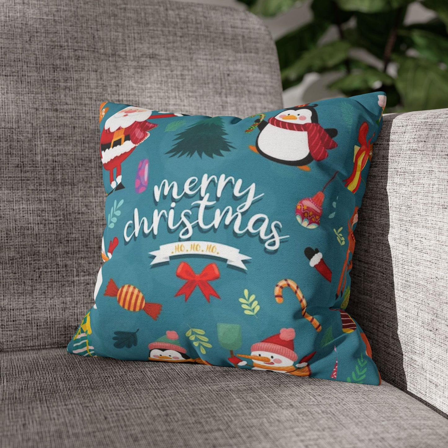Indoor Pillowcase – Blue Christmas Design with Santa, Snowmen & Penguins – Festive Holiday Decor Accent