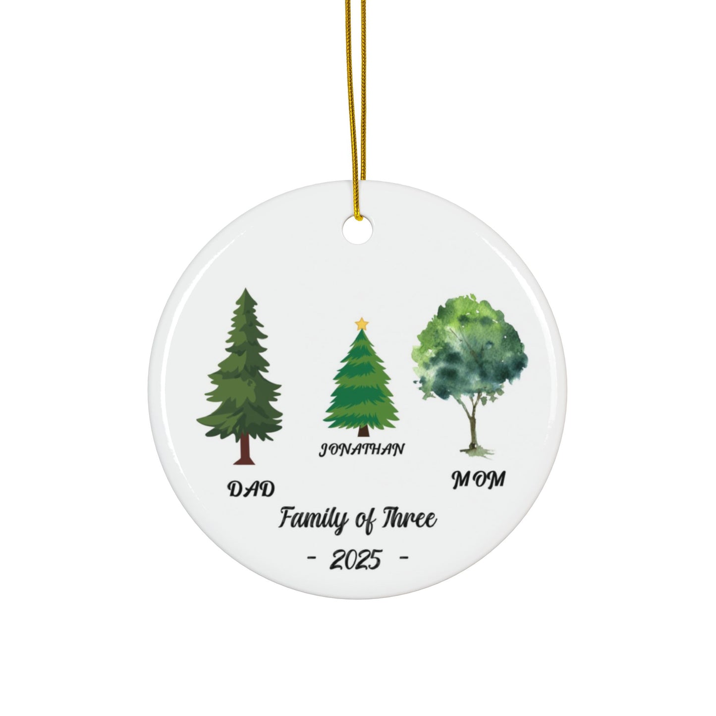 Family of Three Christmas Ceramic Ornament, Personalized Holiday Keepsake Gift, Festive Decoration, Glossy Finish