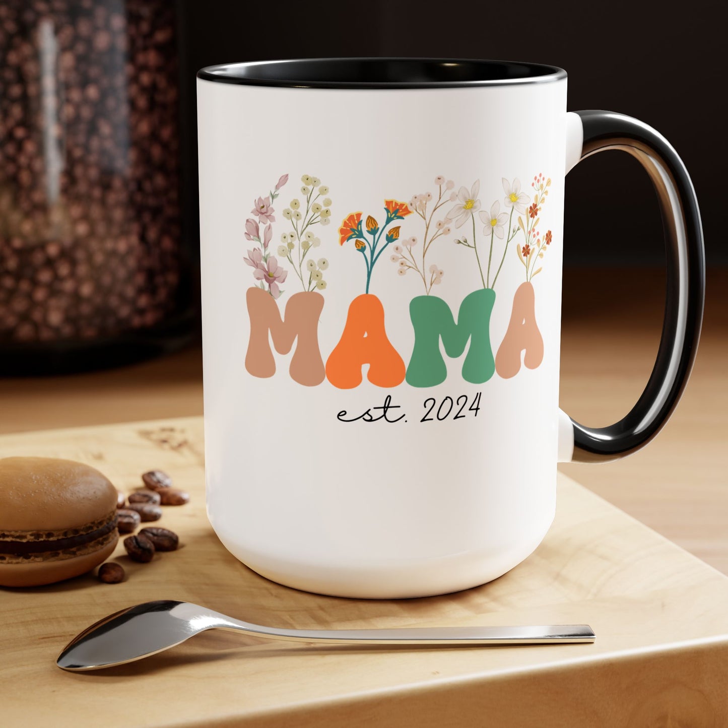 Mama est. Ceramic Coffee Mug – Boho Floral Personalized Mom Gift, 15oz