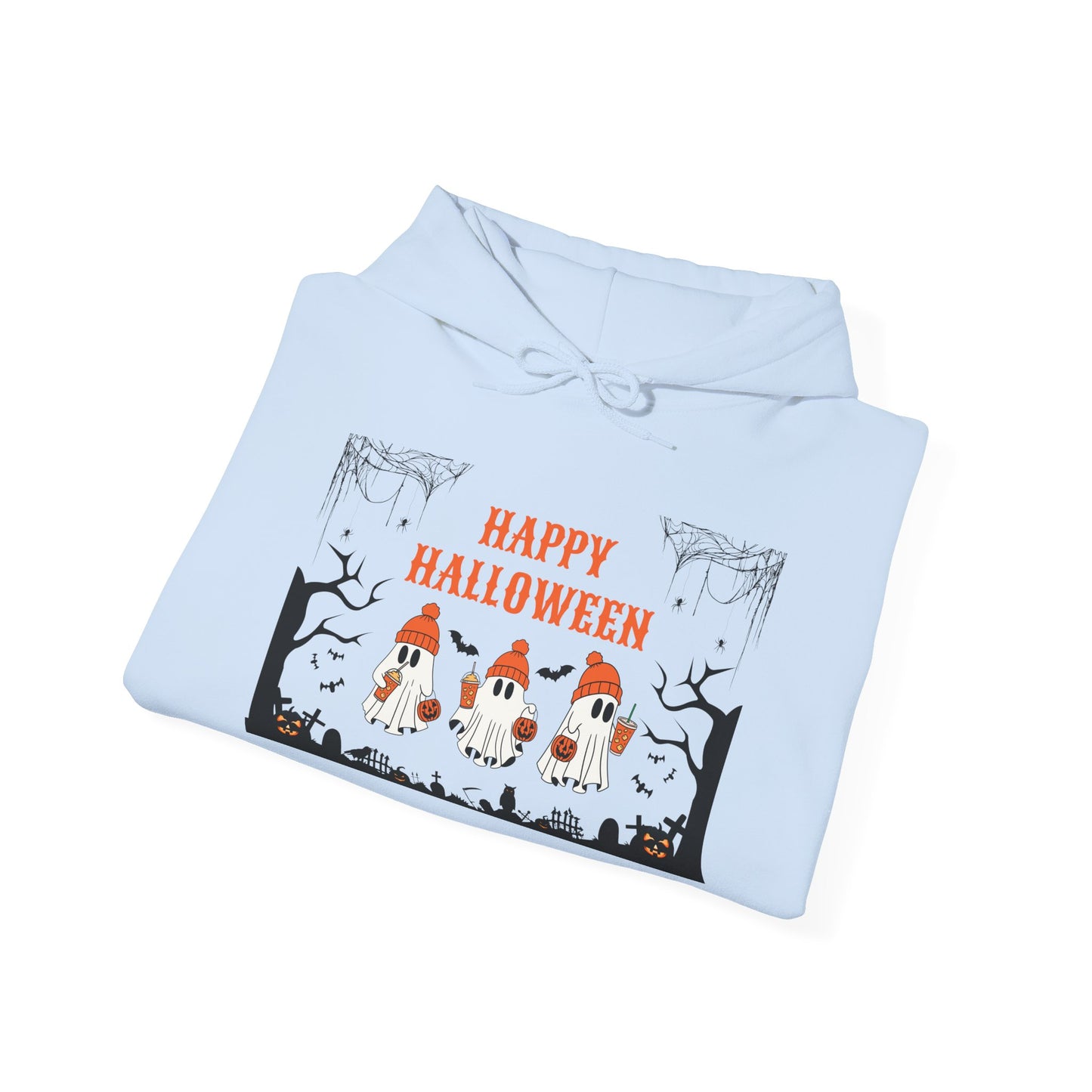 Happy Halloween” Ghost Hoodie – Pumpkin Parade in Haunted Forest