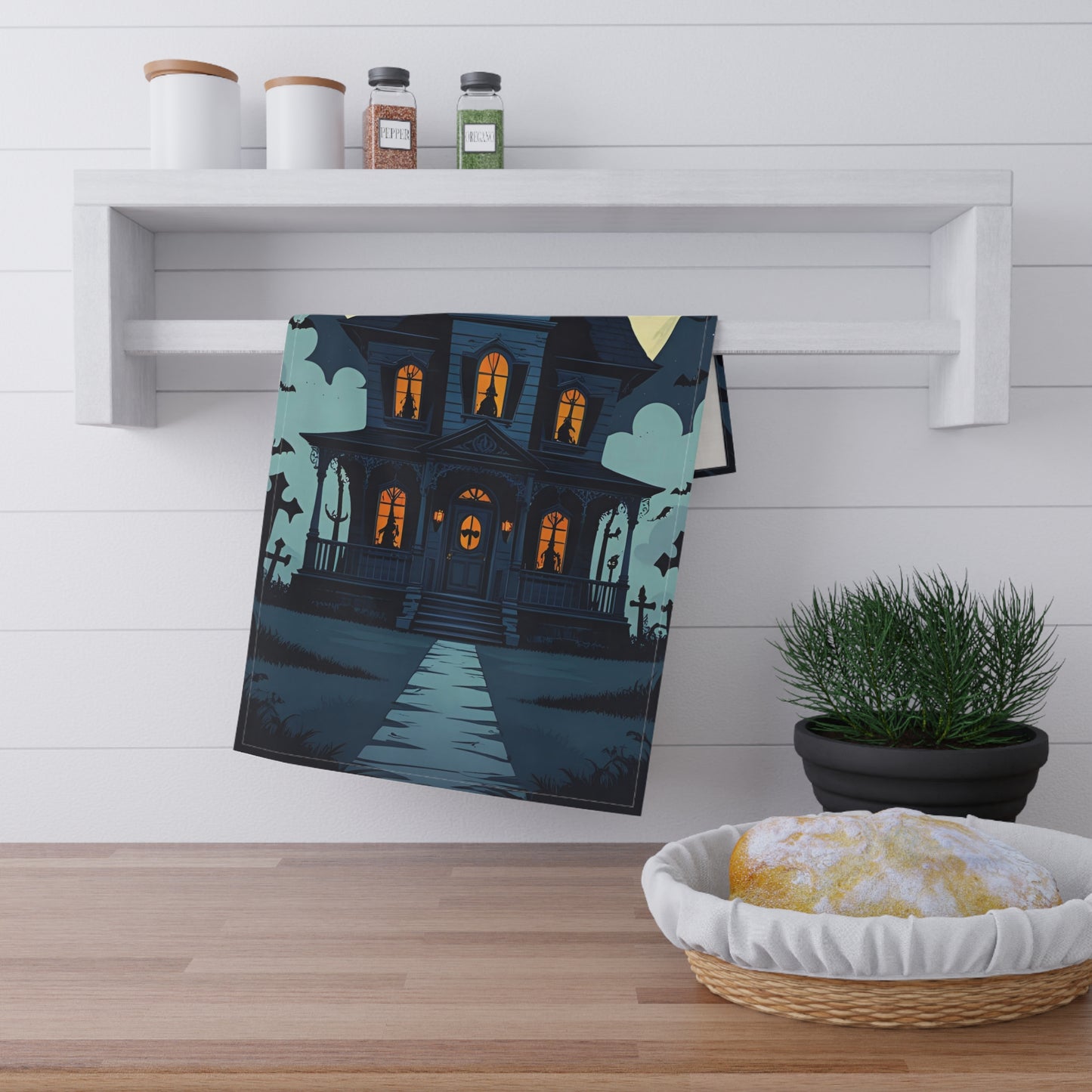 Victorian Haunted House Halloween Tea Towel – Spooky Graveyard Scene