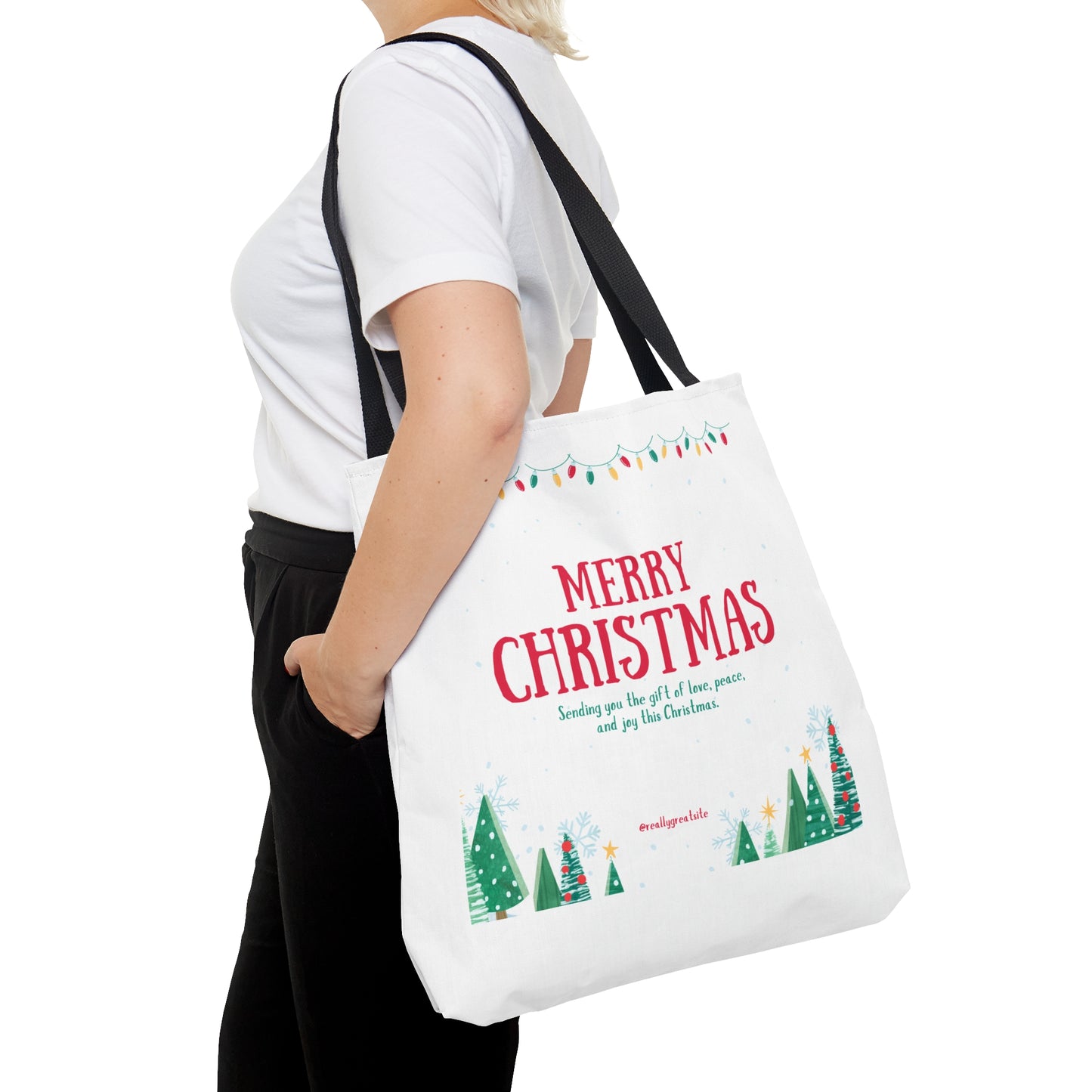Tote Bag – “MERRY CHRISTMAS” with Lights, Tree Row & Holiday Message – Gift for Festive Errands & Seasonal Cheer