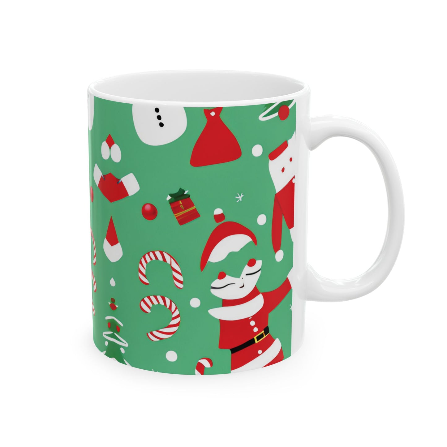 Ceramic Mug – Green Christmas Design with Santa, Candy Canes & Gifts – Holiday Gift for Coffee & Cocoa Lovers
