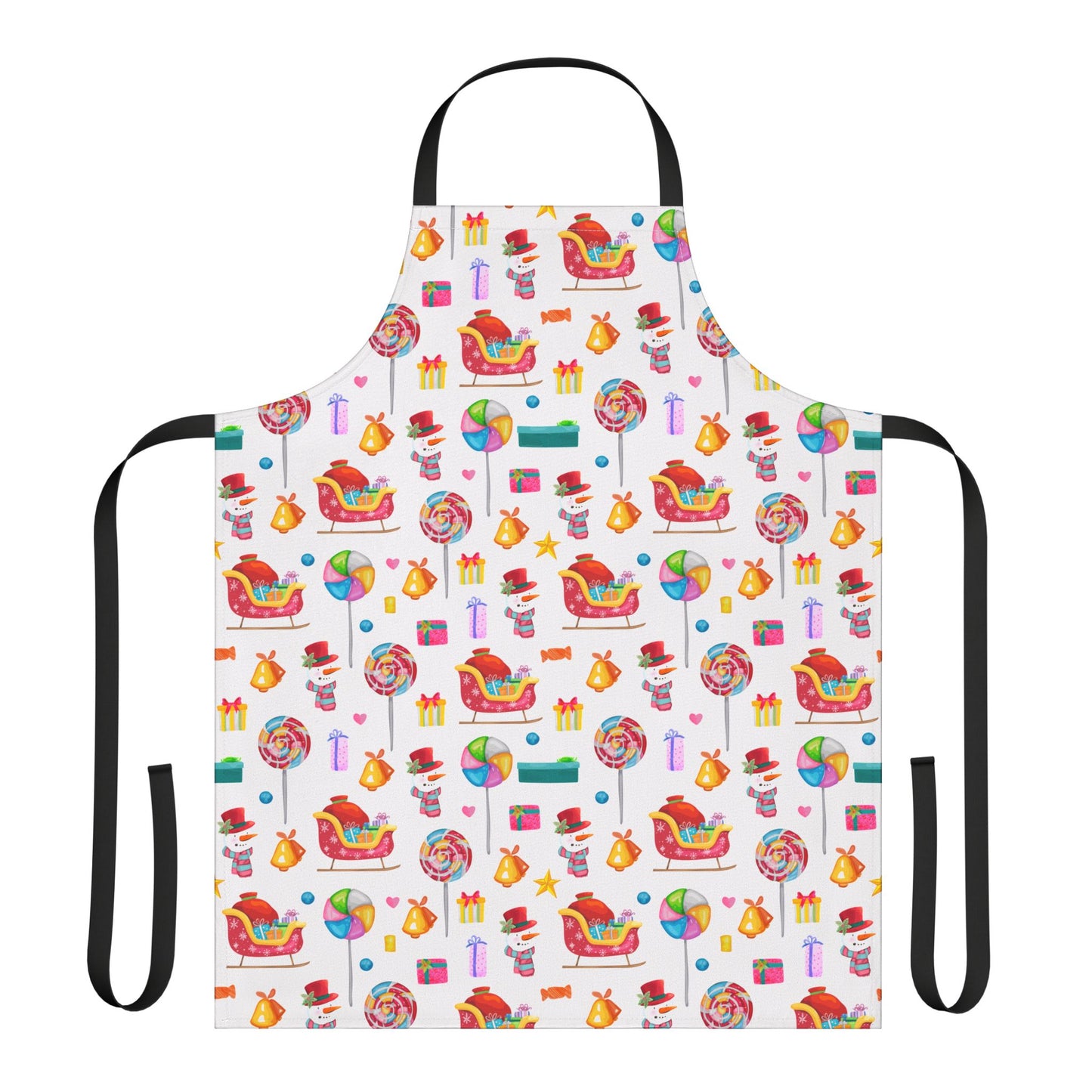 Whimsical Christmas Apron with Candy Swirls, Sleighs, and Festive Designs
