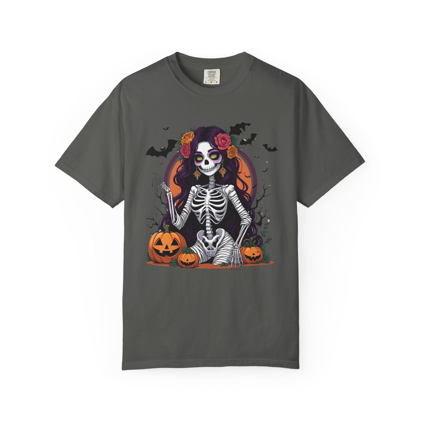 Sitting Skeleton Girl Tee – Gothic Halloween Shirt with Floral Crown