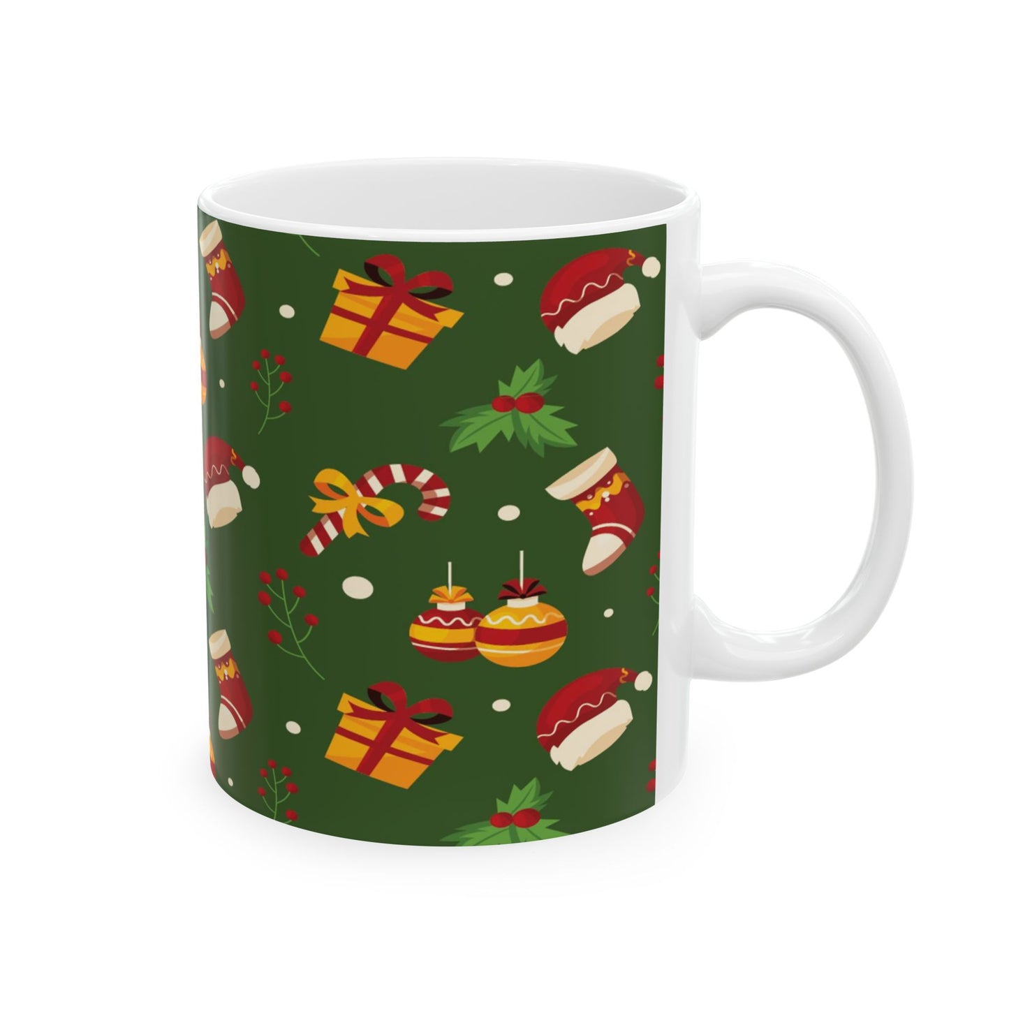 Ceramic Mug – Green Christmas Design with Gifts, Candy Canes & Holly – Festive Gift for Coffee & Cocoa Lovers