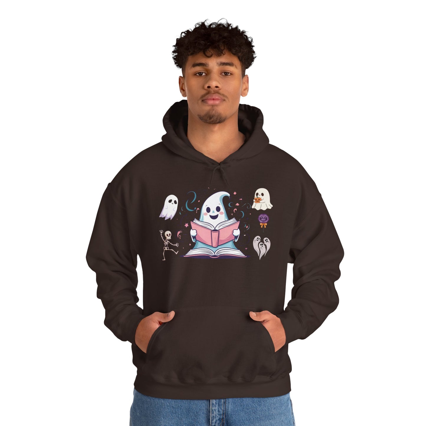 Cute Ghost Reading Hoodie – Whimsical Halloween Sweatshirt for Book Lovers