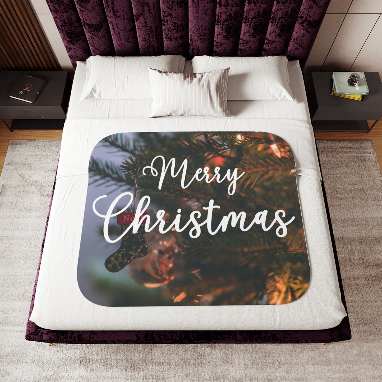 Merry Christams with Ornaments Printed Sherpa Blanket