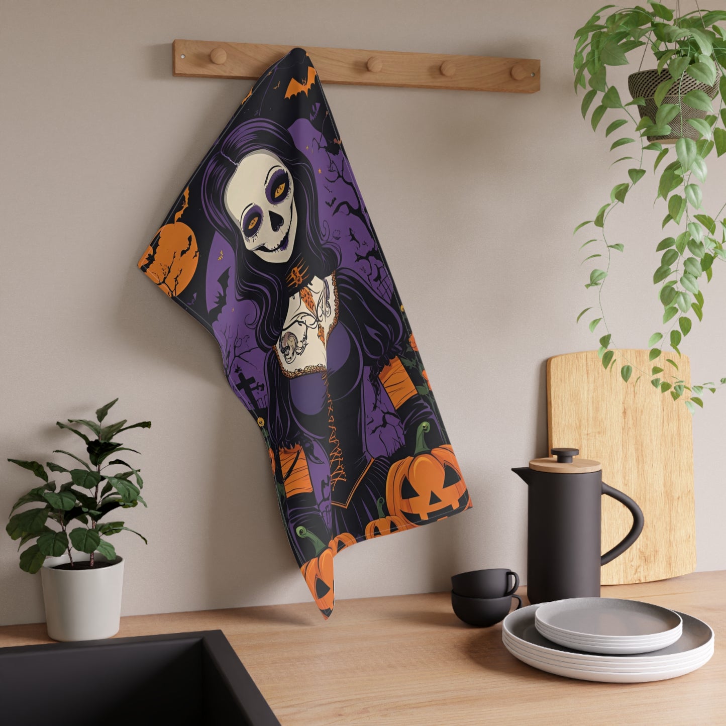 Tattooed Skeleton Halloween Tea Towel – Spooky Graveyard Design