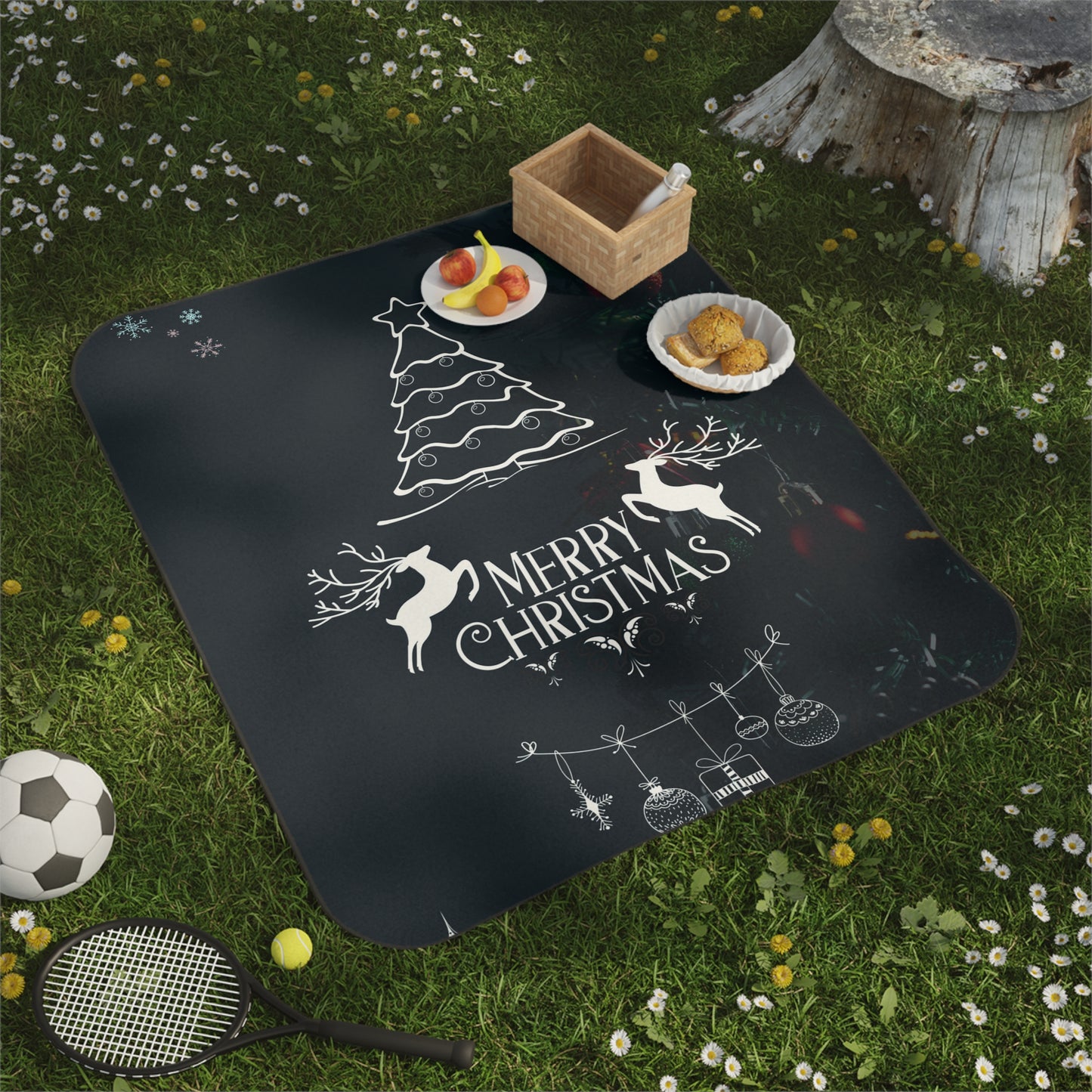 Merry Christmas in Black Printed Picnic Blanket