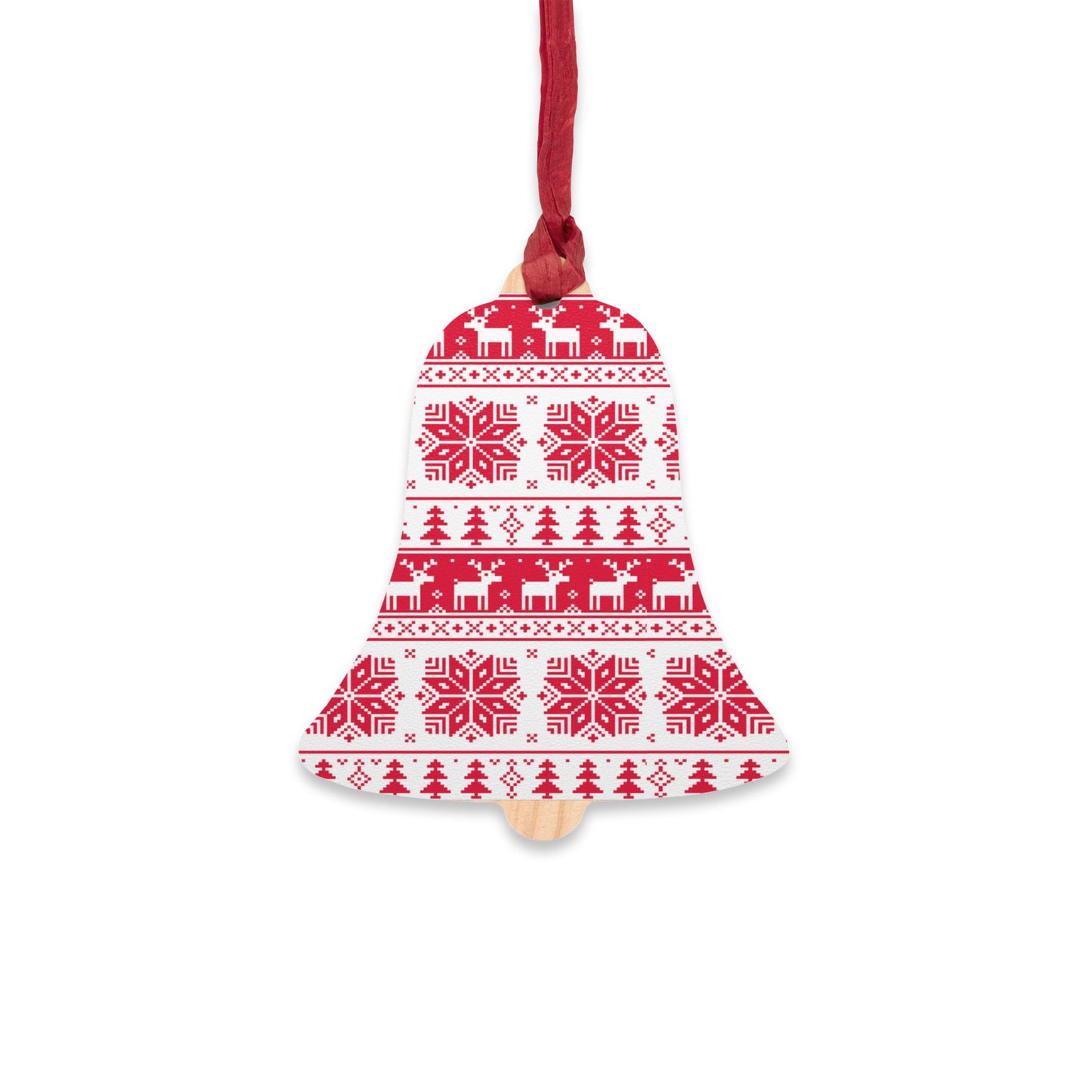 Nordic Bell-Shaped Wooden Ornament – Red & White Reindeer Pattern – Magnetic Holiday Decor with Ribbon