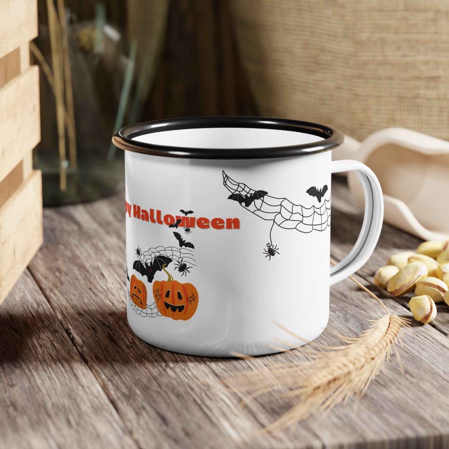 Happy Halloween Enamel Camp Cup – Carved Pumpkins and Spooky Design