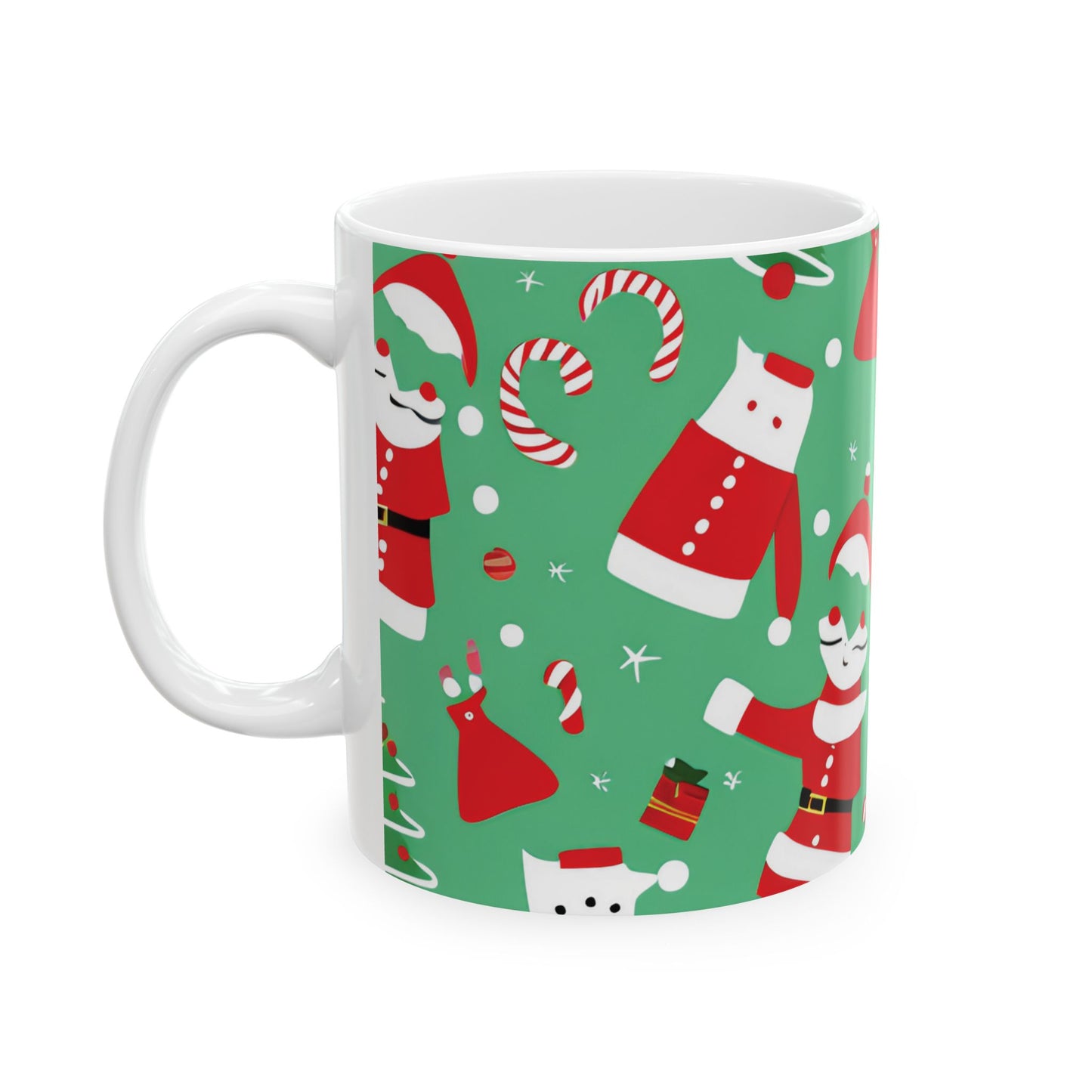 Ceramic Mug – Green Christmas Design with Santa, Candy Canes & Gifts – Holiday Gift for Coffee & Cocoa Lovers