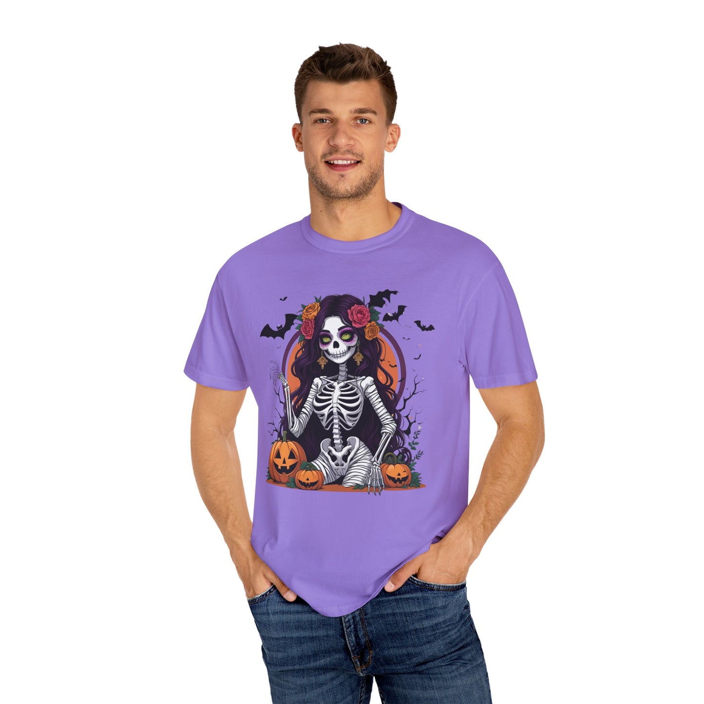 Sitting Skeleton Girl Tee – Gothic Halloween Shirt with Floral Crown