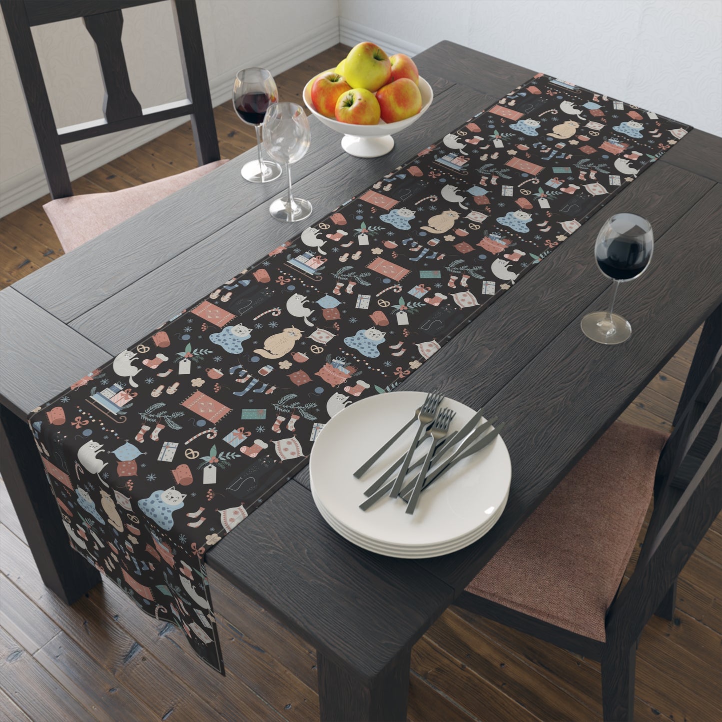 Holiday Table Runner – Festive Animals, Gifts & Foliage on Dark Background