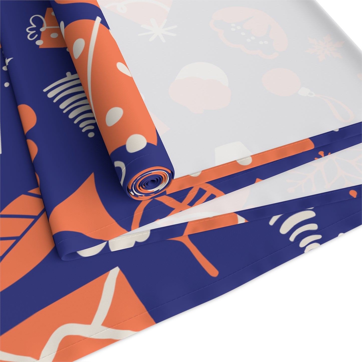 Christmas Table Runner, Navy Blue Background with Orange and White Trees Gifts and Snowflakes, Festive Holiday Dining Decor