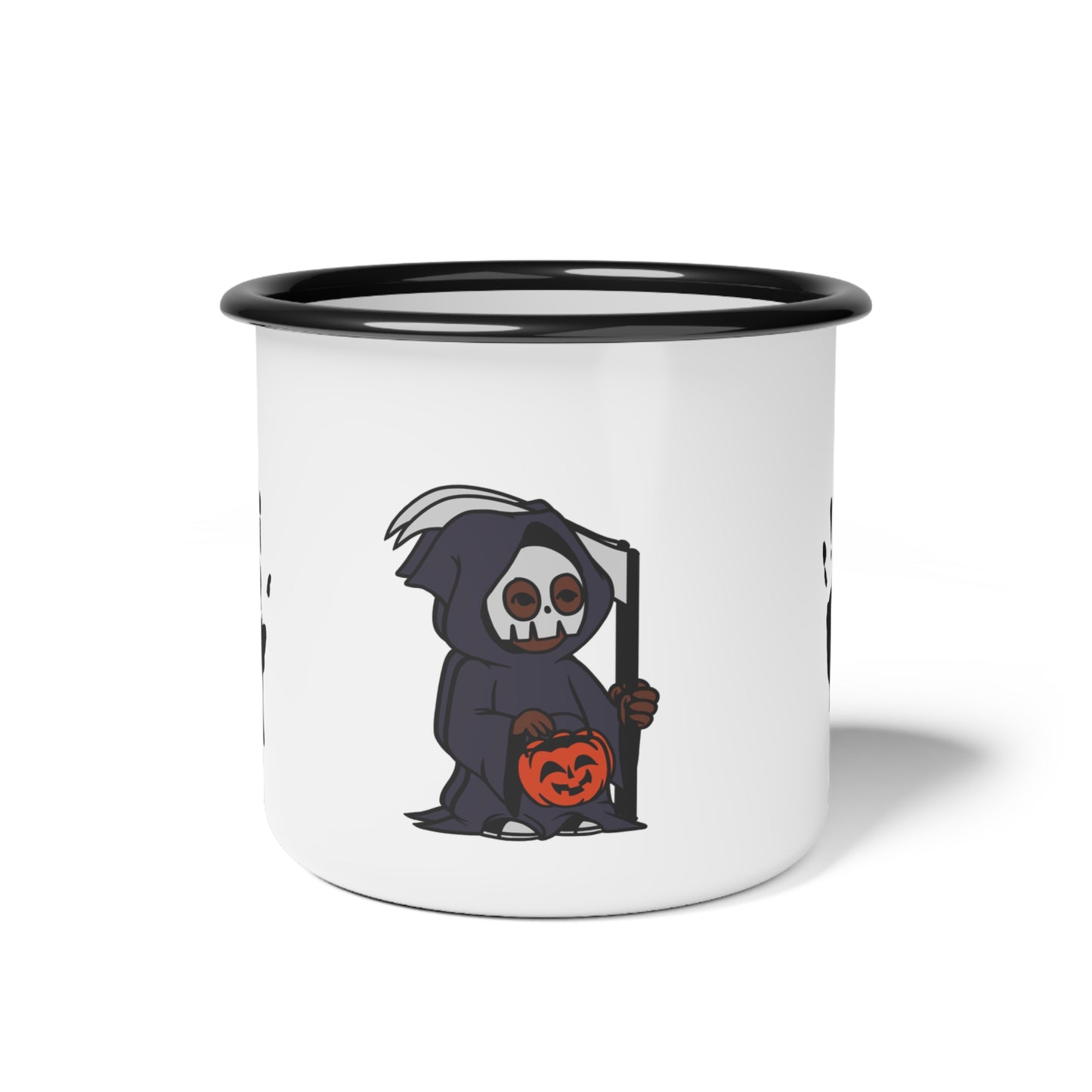 Friendly Grim Reaper Enamel Camp Cup – Whimsical Halloween Design