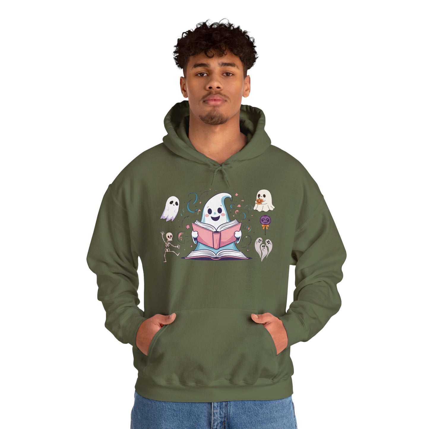 Cute Ghost Reading Hoodie – Whimsical Halloween Sweatshirt for Book Lovers