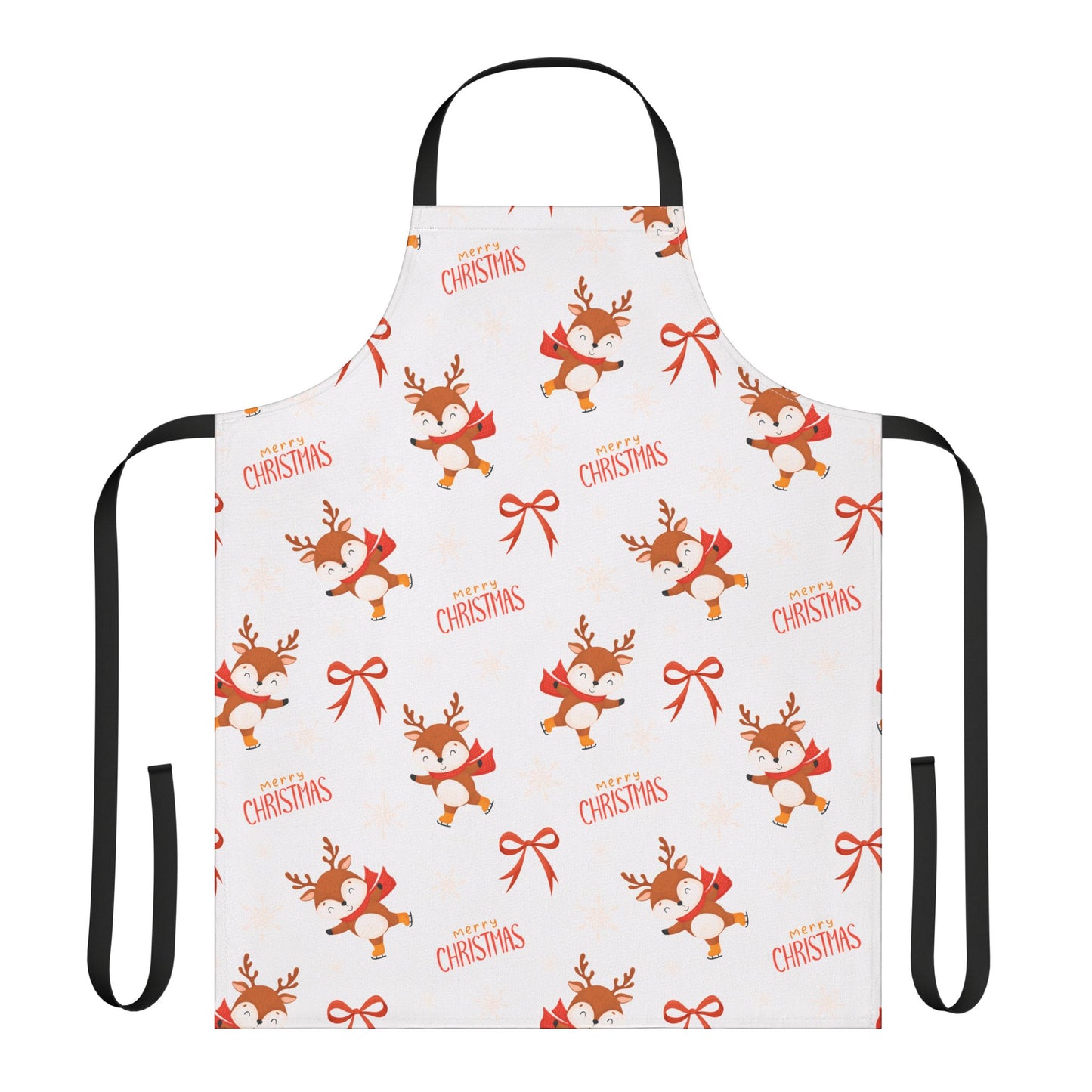 Festive Christmas Apron with Cartoon Reindeer, Red Bows, and Merry Christmas Text