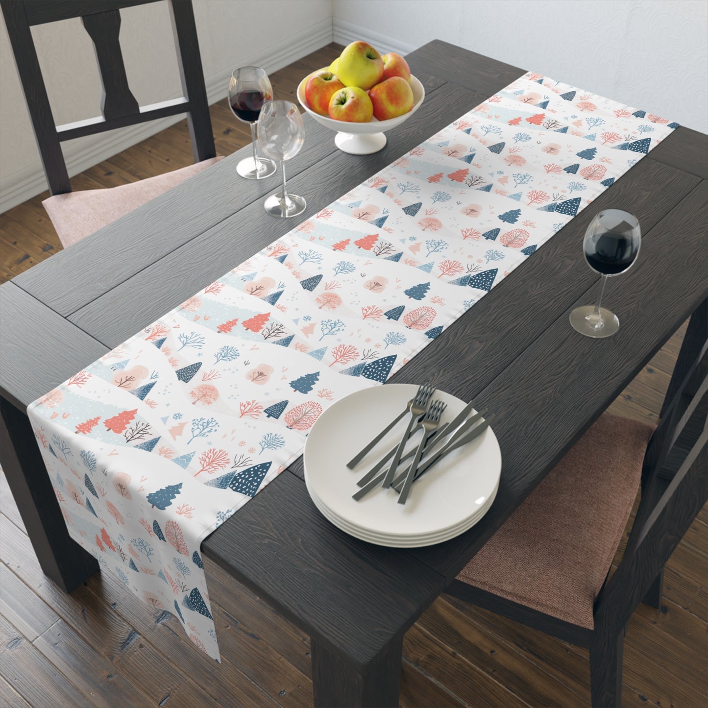 Pastel Landscape Table Runner – Whimsical Trees, Mountains & Bushes Decor