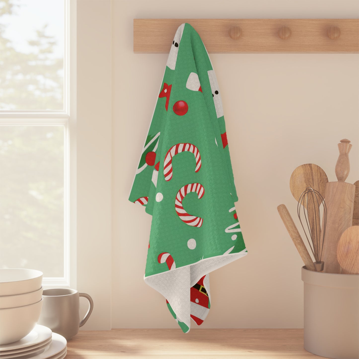 Tea Towel – Green Christmas Design with Santa, Candy Canes & Snowflakes – Festive Kitchen Decor & Gift